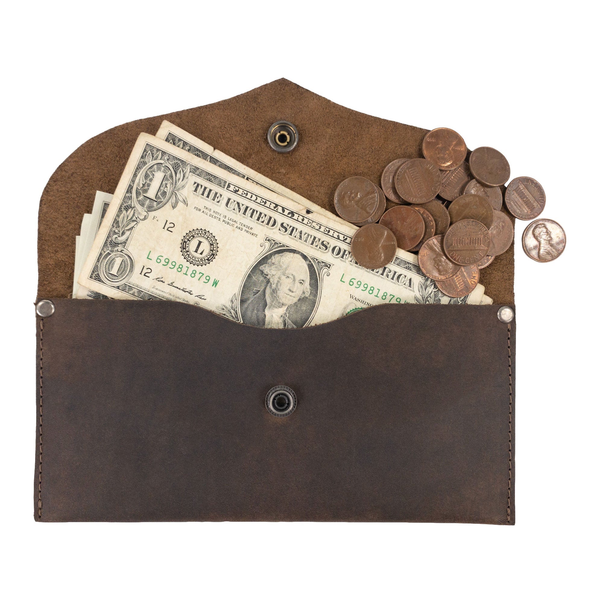 Cash Pouch with Rivets by Hide & Drink showcasing a stylish wallet filled with cash and coins, perfect as a money organizer. This handmade full grain leather pouch is ideal for keeping bills and change organized. Cash Pouch, Wallet, Money Organizer, Coin Case, Bill Holder, ID Case, StockyardX, Handmade, Full Grain Leather, Small Batch Production, Hand Cut, Hand Sewn, Fire Branded, Artisan, Handmade in La Antigua Guatemala & Oaxaca Mexico.