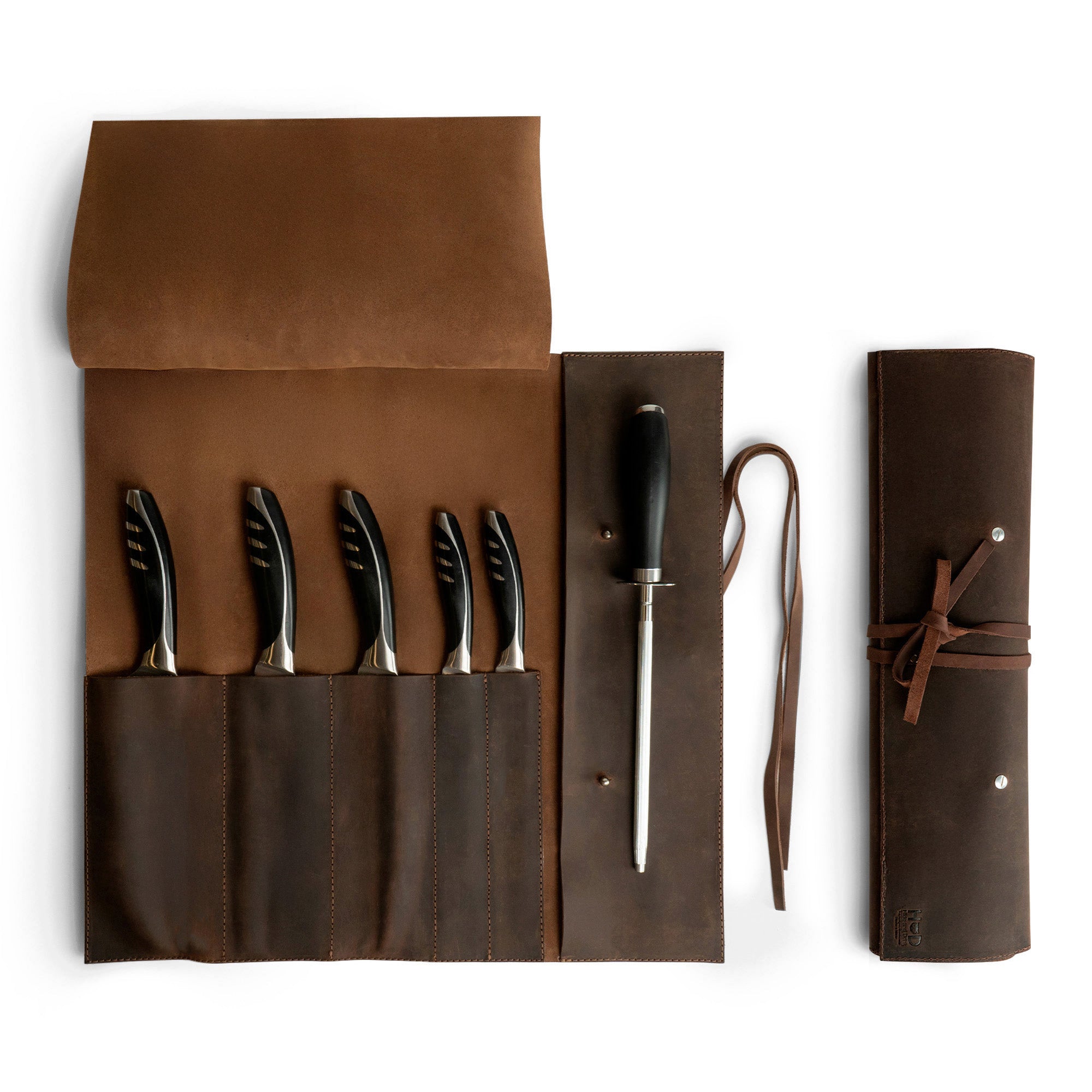 Hide & Drink Knife Roll (5 Pockets) made from Full Grain Leather, designed as a Chef Knife Bag. This portable carrying case for knives beautifully reflects artisan craftsmanship through small batch production, hand cut, and hand sewn detailing. Perfect for culinary tools, handmade in La Antigua Guatemala & Oaxaca Mexico.
