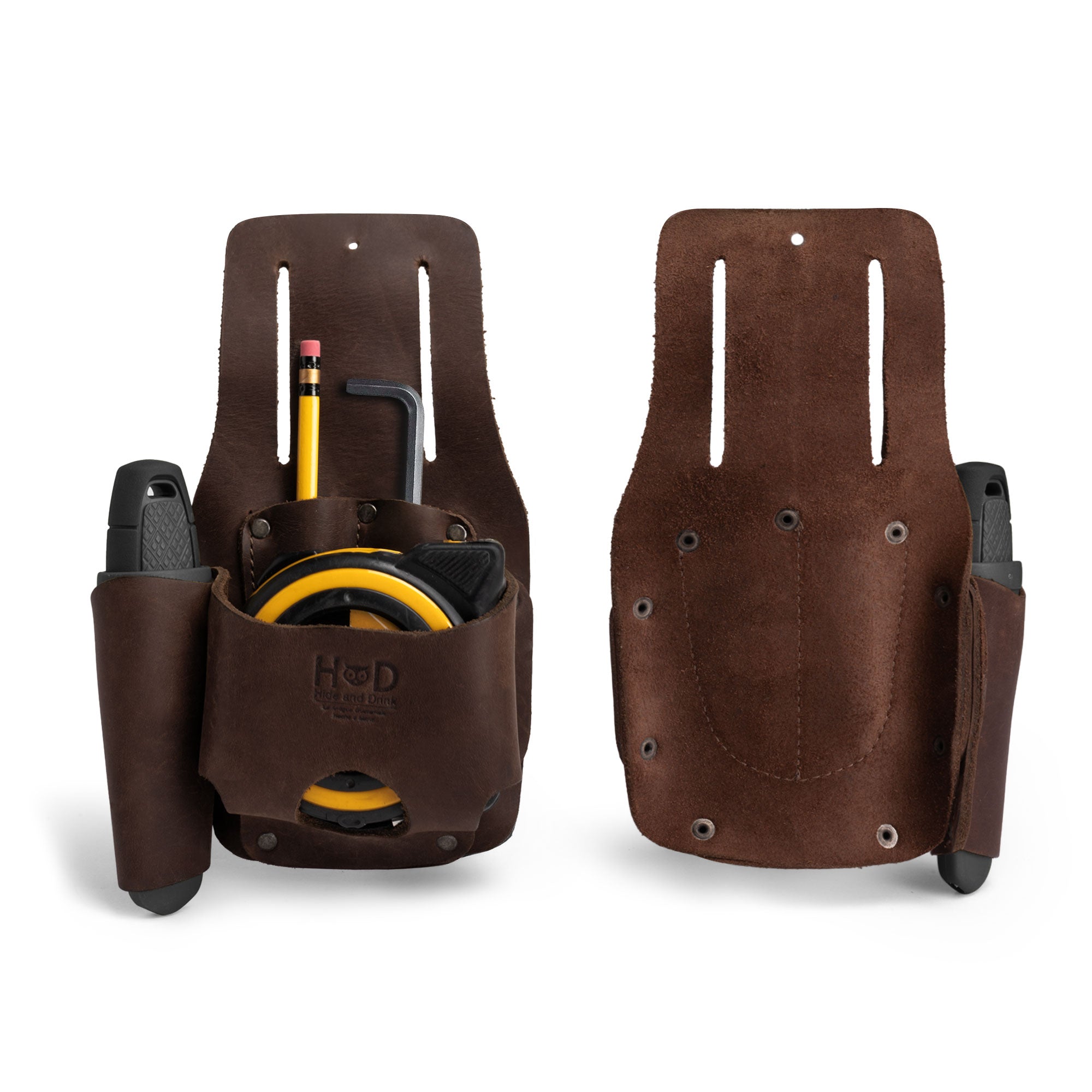 Hide & Drink Tape And Knife Holder. This durable and stylish Tape & Knife Holder features a unique pocket design, perfect for marking and measuring. It is made from full grain leather and is an ideal tool case or screwdriver holster. A pocket belt pouch that showcases artisan craftsmanship, handmade in La Antigua Guatemala.