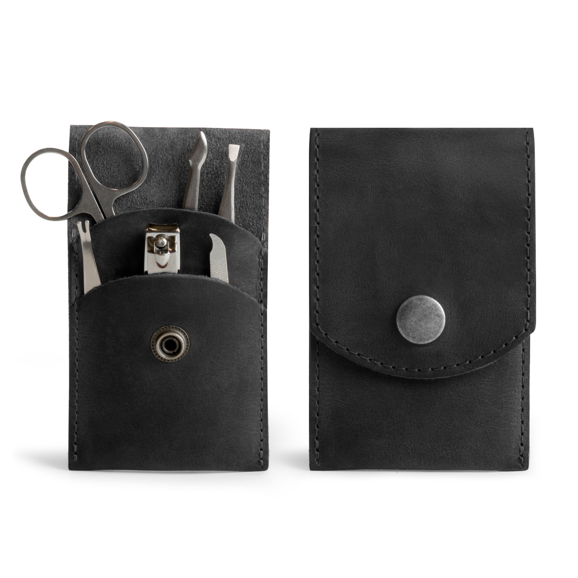 Hide & Drink Nail Clipper Case in black leather, displaying its exquisite hand sewn details and premium quality. This stylish nail clipper case makes for an excellent travel accessory, showcasing artisan small batch production handmade in La Antigua Guatemala & Oaxaca Mexico.