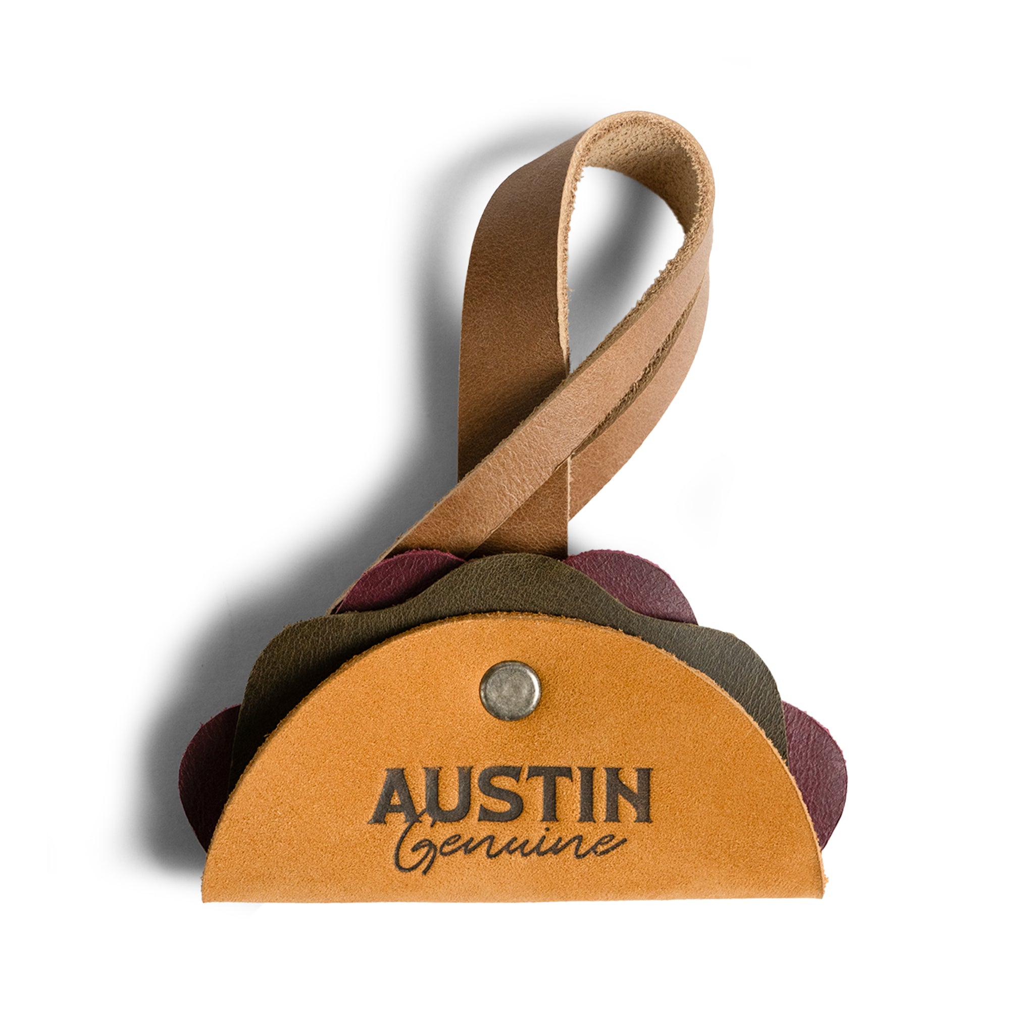 Bag Charms by Austin Genuine shows a hamburger leather charm. This Austin Genuine Bag Charm showcases 7 unique designs made with full grain leather from StockyardX, crafted through small batch production, hand cut, hand sewn, and fire branded, artisan, handmade in La Antigua Guatemala & Oaxaca Mexico.