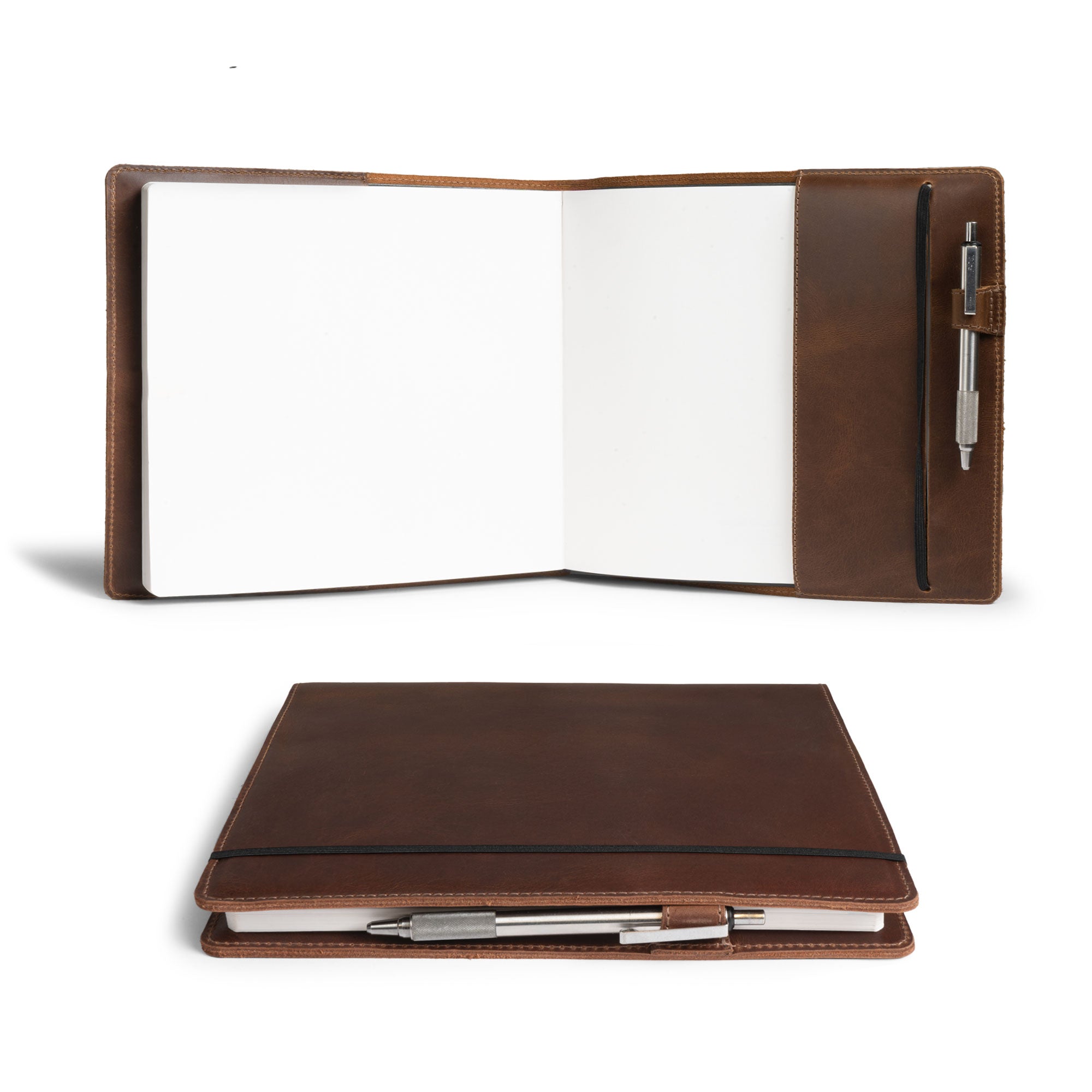 Stylish Cover for Leuchtturm1917 Sketchbook Hardcover Square Size (225 x 225 mm) displayed open, showcasing full grain leather interior, crafted by Hide & Drink with a focus on small batch production. This journal cover features hand cut and hand sewn techniques, along with fire branded artisan details, handmade in La Antigua Guatemala & Oaxaca Mexico.