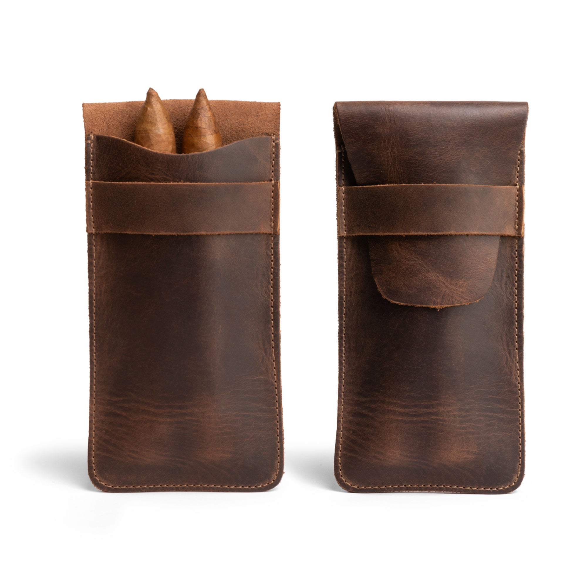 Hide & Drink Cigar Holder, a slim cigar case for three 50 ring cigars featuring a classic, all-purpose holder design. This rustic portable bag is handmade from full grain leather in La Antigua Guatemala, showcasing small batch production with hand cut, hand sewn craftsmanship. Fire branded and artisan-made for durability.