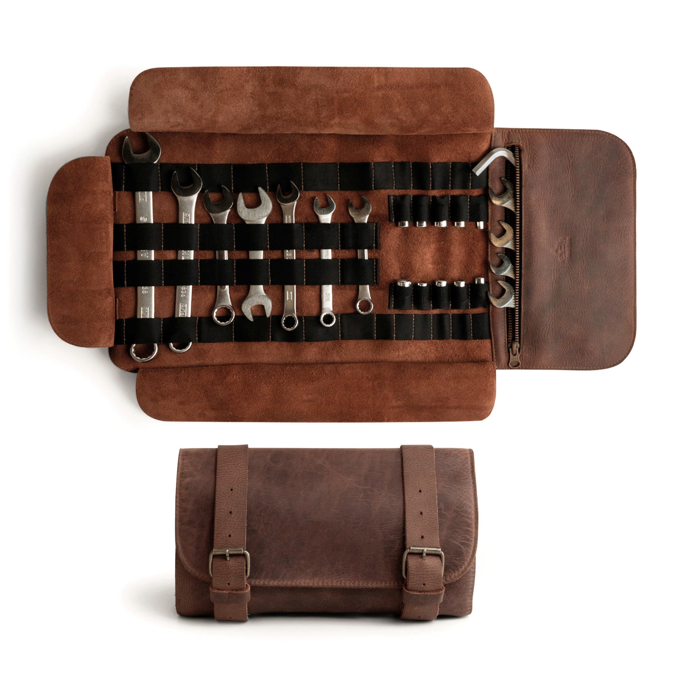 Motorcycle Tool Roll by Hide & Ride featuring a rich brown Full Grain Leather design. This handcrafted Motorcycle Tool Roll Bag serves as a Wrench Organizer for Commuters, perfect for carrying biker essentials. Made with artisan techniques in La Antigua Guatemala, it highlights small batch production and meticulous hand cutting and sewing.