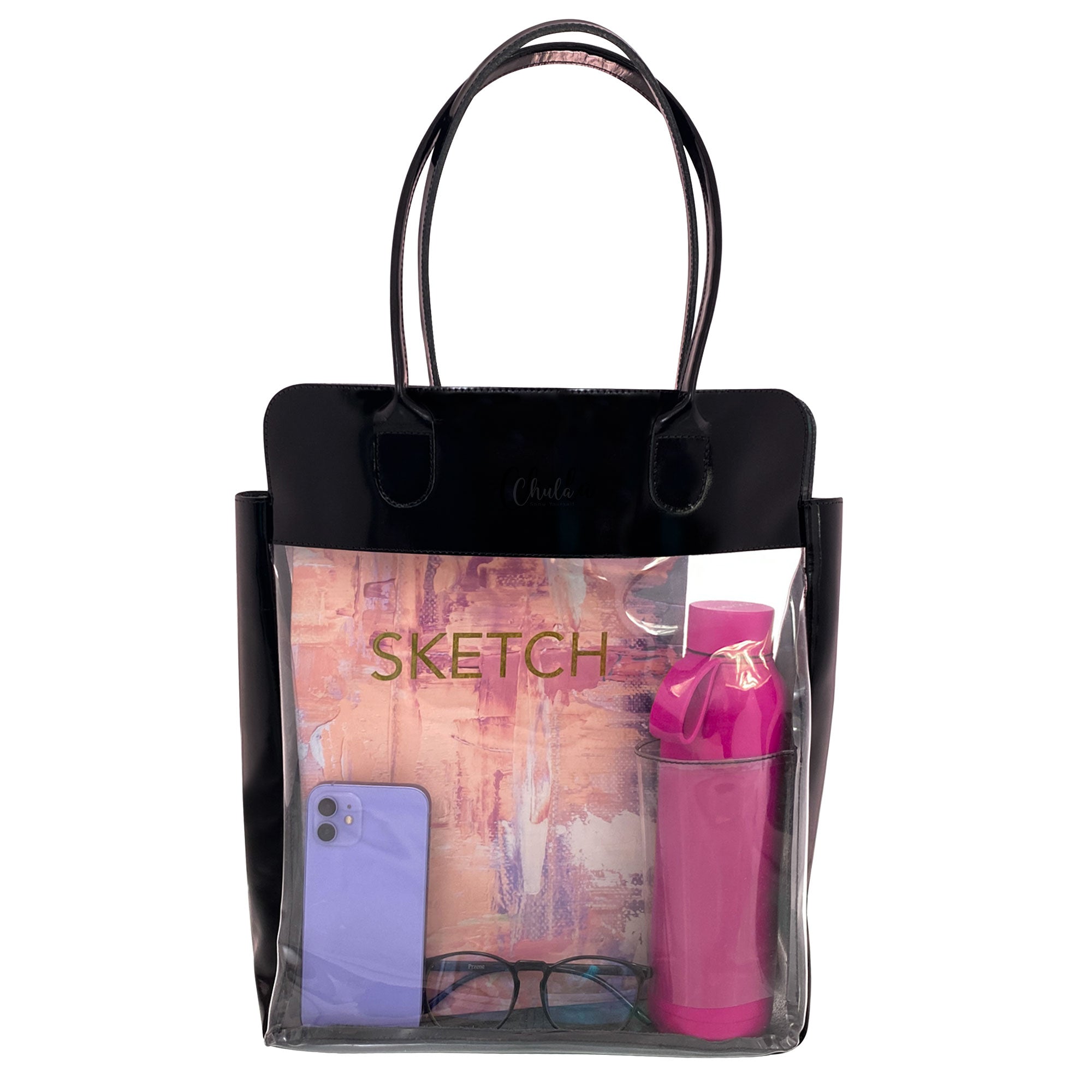 Chula Female Purse with Insider Bottle Holder showcasing a sleek design with transparent PVC front, perfect for stylish organization as a Rectangular Purse or Tote Bag. Handcrafted with Full Grain Leather, this carry-on bag features an insider bottle holder for convenience, representing Small Batch Production from artisan creators in La Antigua Guatemala.