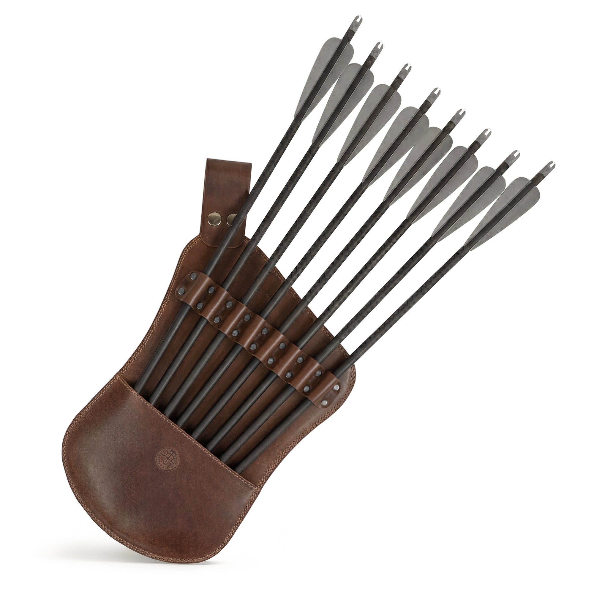 The Arbalest, Bolts Hip Quiver by Valhalla Gear features a stylish design with a full grain leather finish. This Leather Crossbow Bolts Hip Quiver with Belt Loops serves as a waist arrow holder for archery enthusiasts, offering easy access and storage for arrows. Handcrafted and fire branded, this artisan bag for arrows is made in La Antigua Guatemala & Oaxaca Mexico and ensures durability for archers looking for a unique and functional accessory.