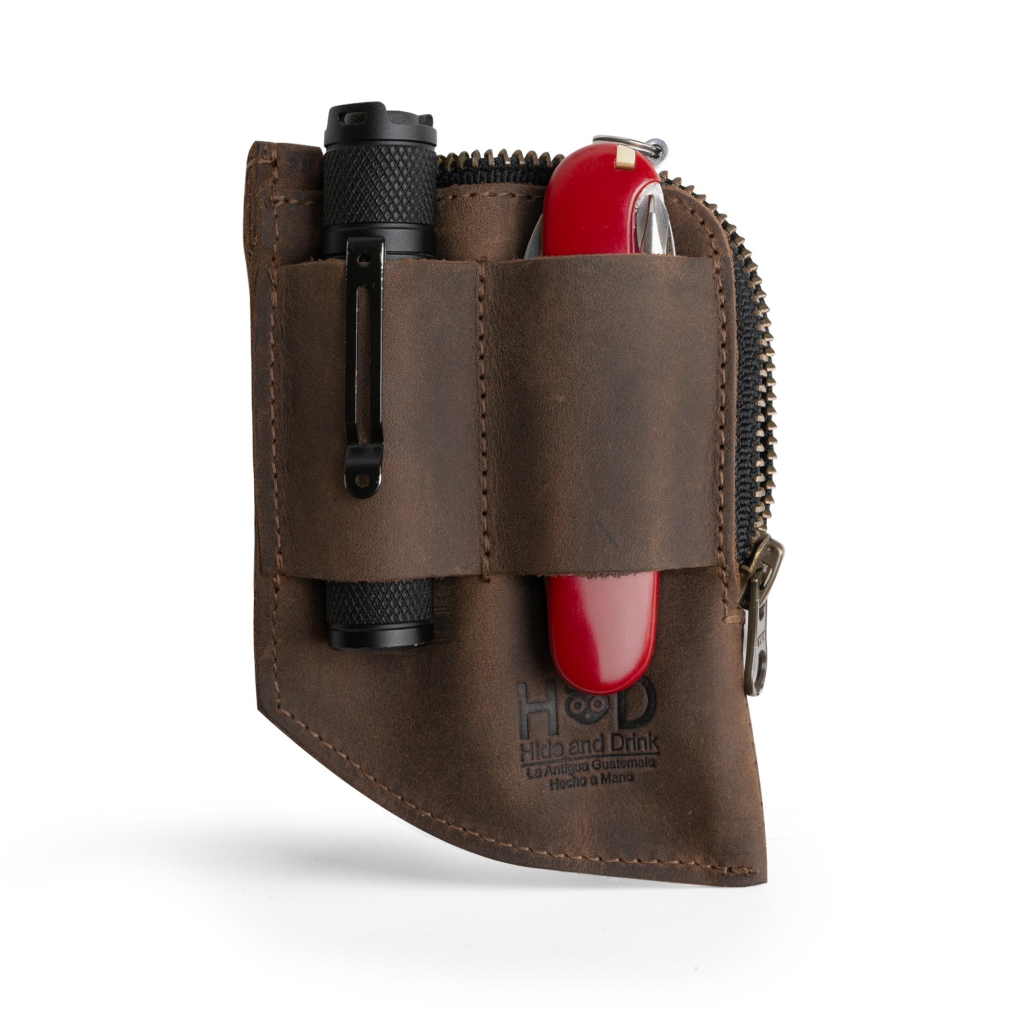 Hide & Drink EDC Pocket Wallet featuring a curved cash organizer and a slim front card holder, crafted from full grain leather. This artisan, handmade wallet exemplifies small batch production with fire branded details. Perfect for everyday carry.