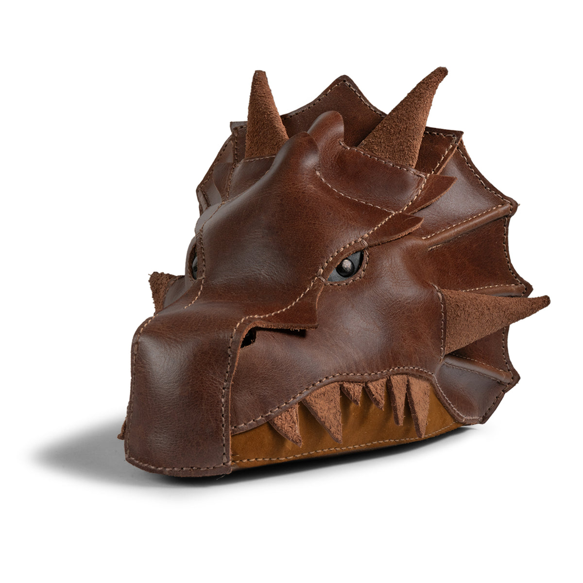 Tudi Frudi Leather Dragon Head Pouch shown from the front as a brown Coin Purse, Small Charger Cable Holder, Change Bag, and Scissors Case, ideal for Purses & Pouches for Cash; Travel Zippered design in Full Grain Leather by StockyardX, made through Small Batch Production with Hand Cut, Hand Sewn, Fire Branded Artisan craftsmanship, Handmade in La Antigua Guatemala & Oaxaca Mexico.