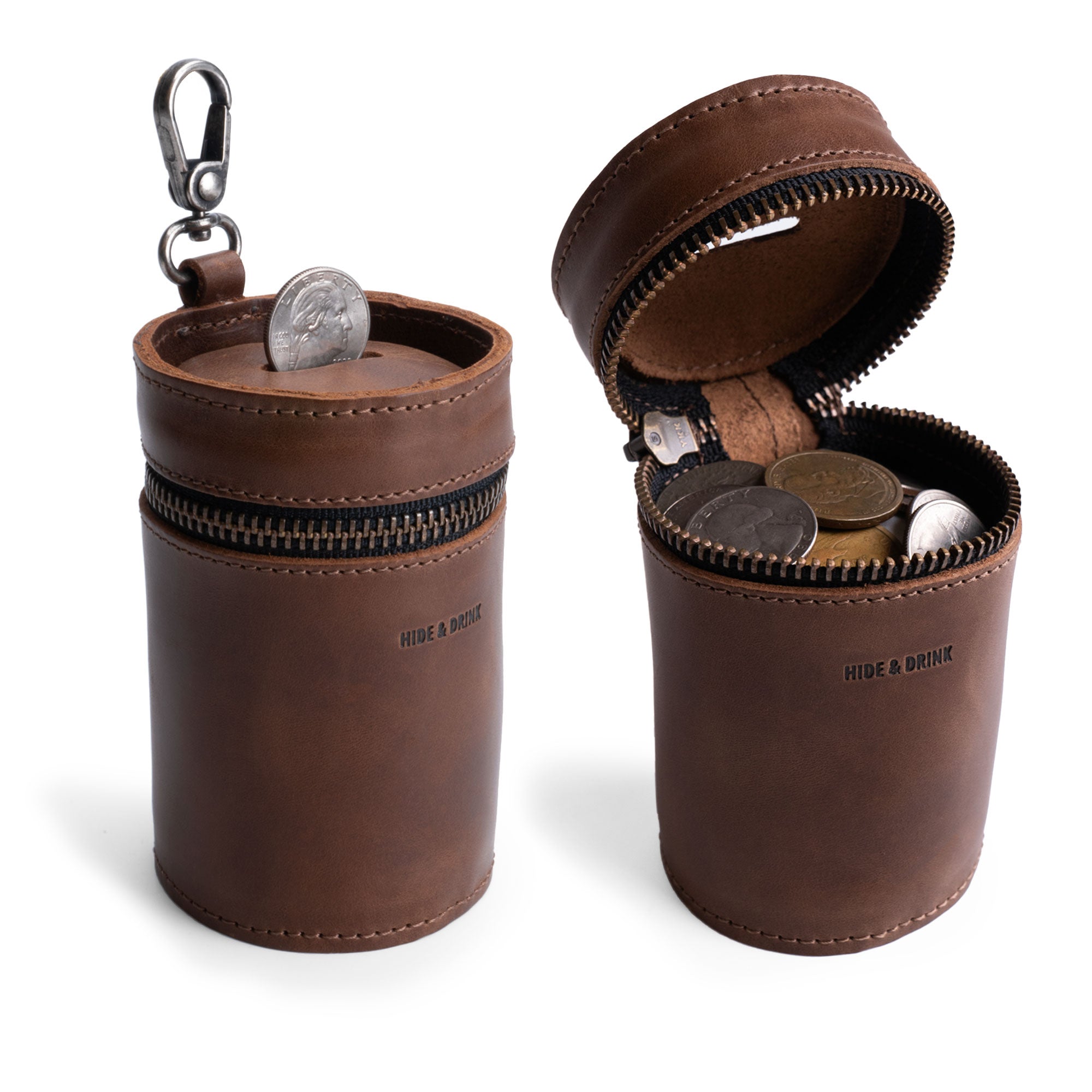 Hide & Drink's Bucket Coin Release showing a zippered full grain leather coin pouch piggy bank, ideal for cash organization. This stylish coin purse for men and women serves as a money saving box, crafted through small batch production and handmade in La Antigua Guatemala.