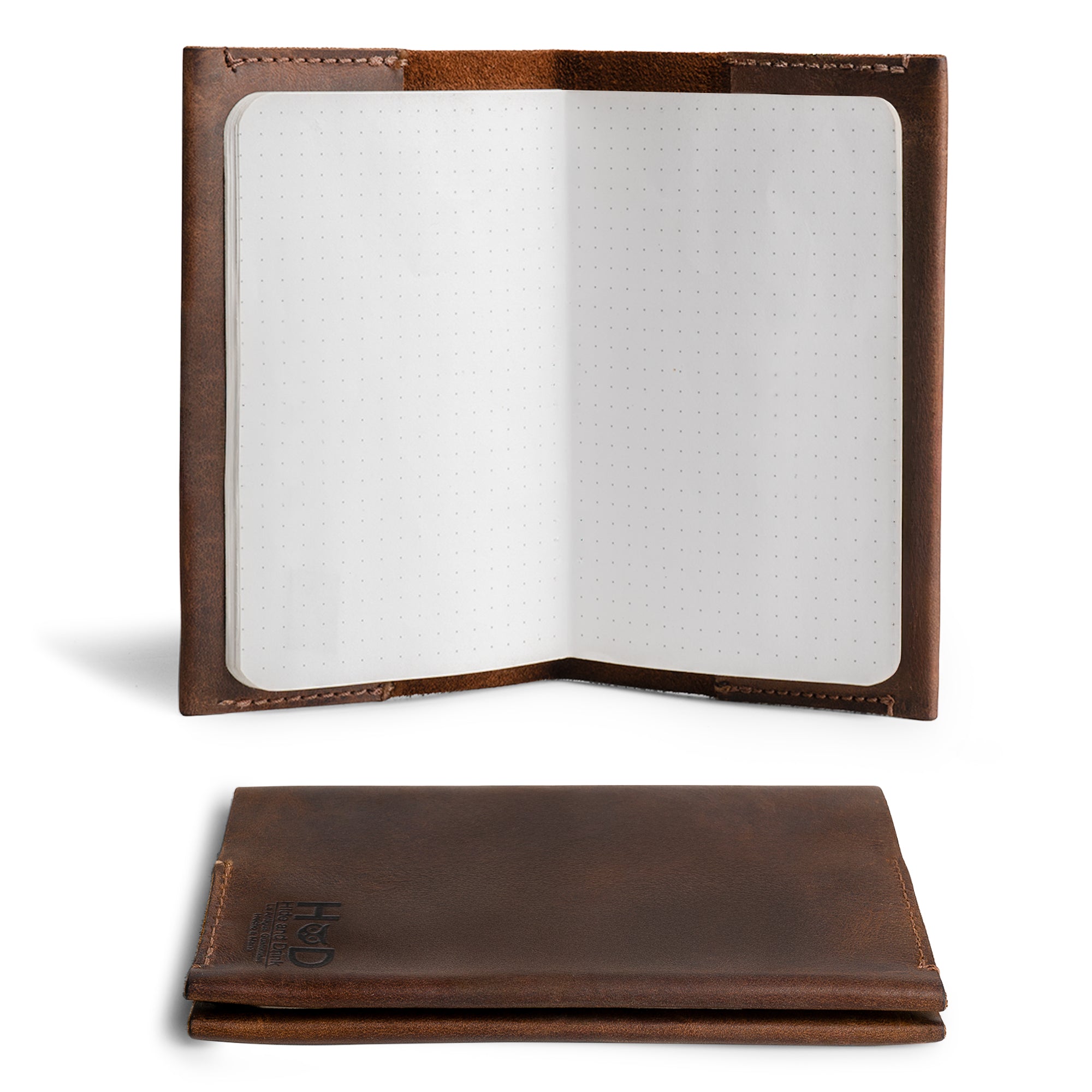 Hide & Drink Field Notes Cover, a stylish pocket-sized memo books cover compatible with Field Notes (3.5 x 5.5 in.) journal case featuring a card slot. Handcrafted from full grain leather in La Antigua, Guatemala, perfect for travelers seeking a refillable notebook solution.