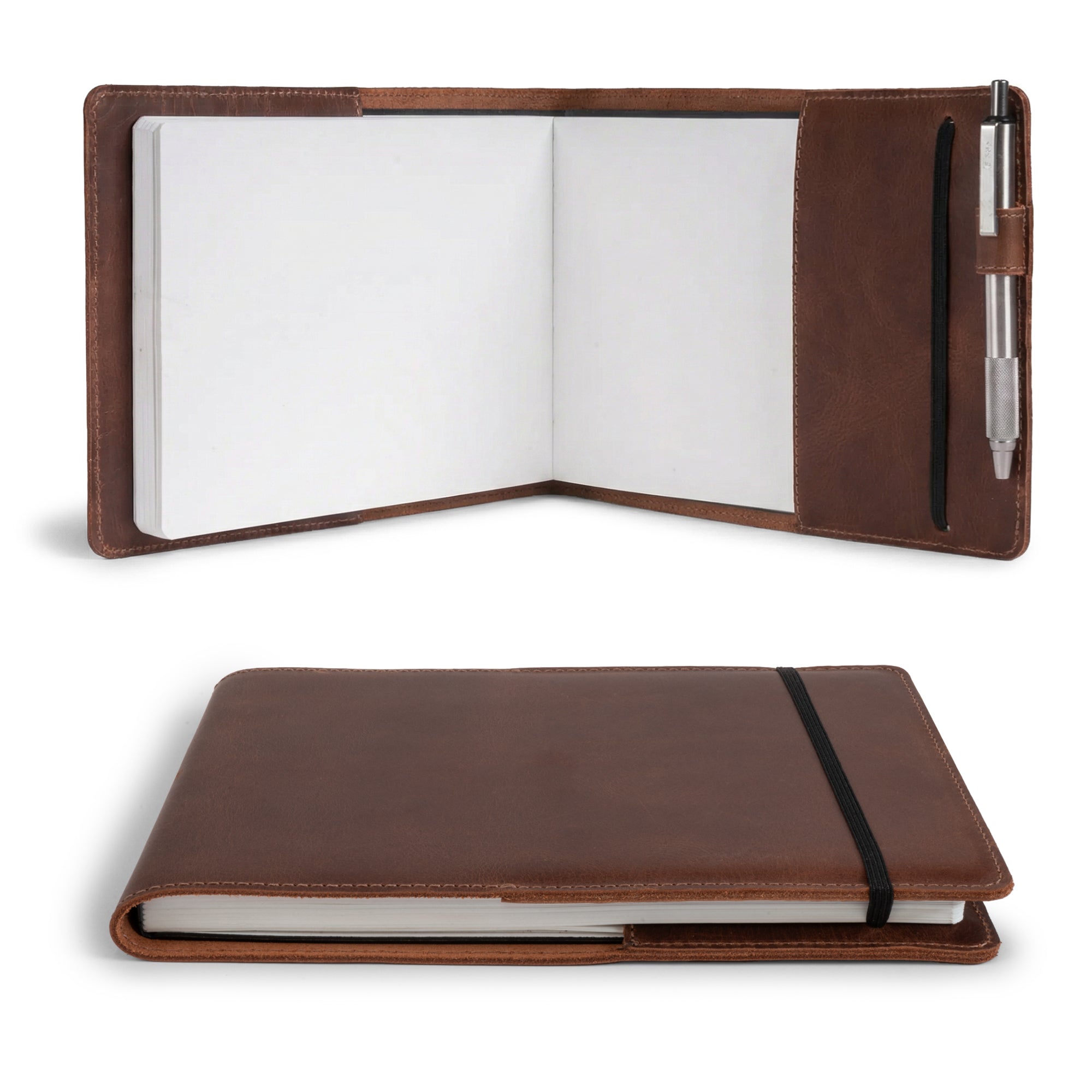 Showcasing the Cover for Leuchtturm1917 Sketchbook Hardcover A5 Medium Size (145 x 210 mm) by Hide & Drink, this elegant Journal Case is made from Full Grain Leather, featuring details like hand-cut and hand-sewn finishes. The artisan craftsmanship emphasizes small batch production, highlighted by fire branded elements, perfect for creative minds.