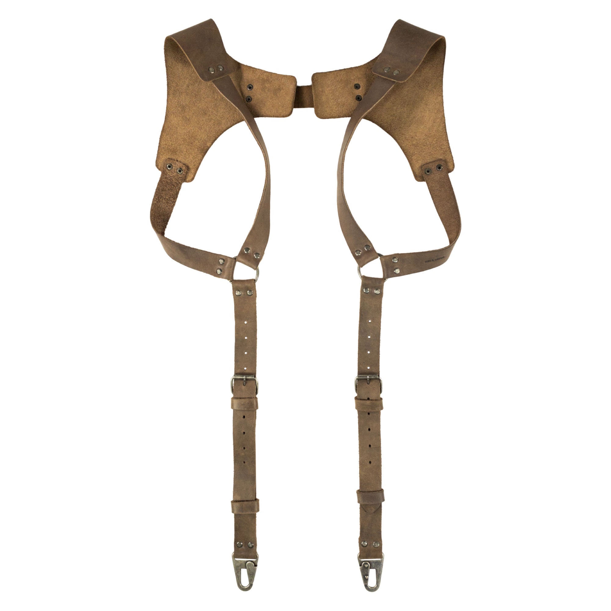 Vintage Renaissance Suspenders by Hide & Groom showcasing a full grain leather harness, perfect for back support and crafted with metal hooks. Ideal for steampunk fashion enthusiasts. Vintage Men's Back Support Harness is hand cut and sewn with pride in La Antigua Guatemala & Oaxaca Mexico.