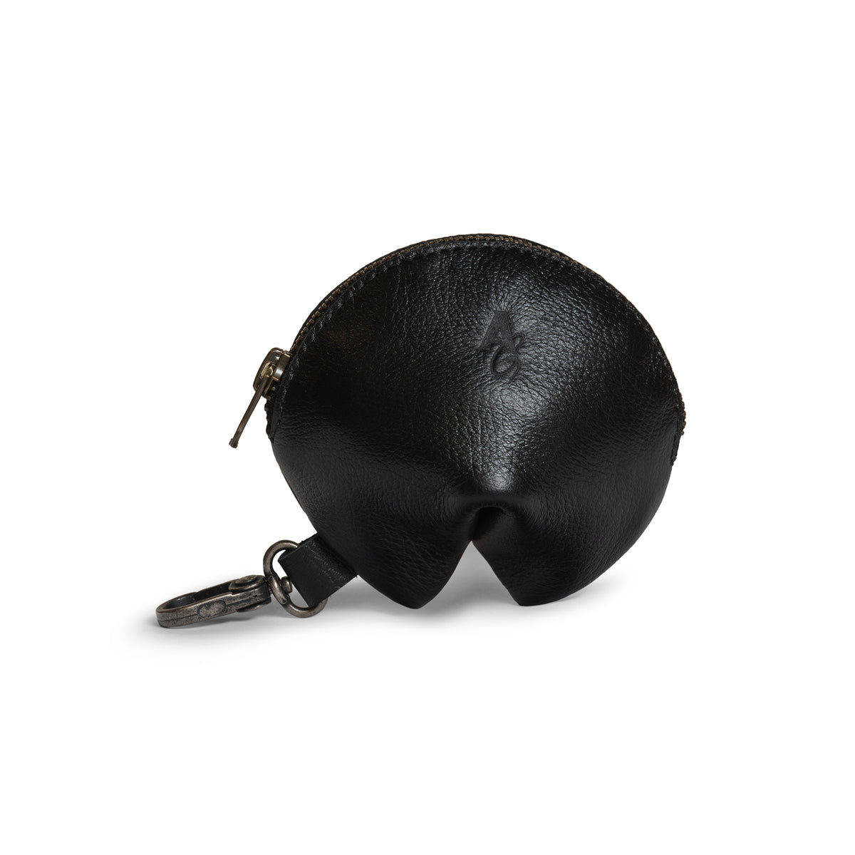 Austin Genuine The Bouldin Fortune Cookie Pouch in black Full Grain Leather, featuring a compact rounded design and key clip; StockyardX Small Batch Production, Hand Cut, Hand Sewn, Fire Branded, Artisan, Handmade in La Antigua Guatemala & Oaxaca Mexico.