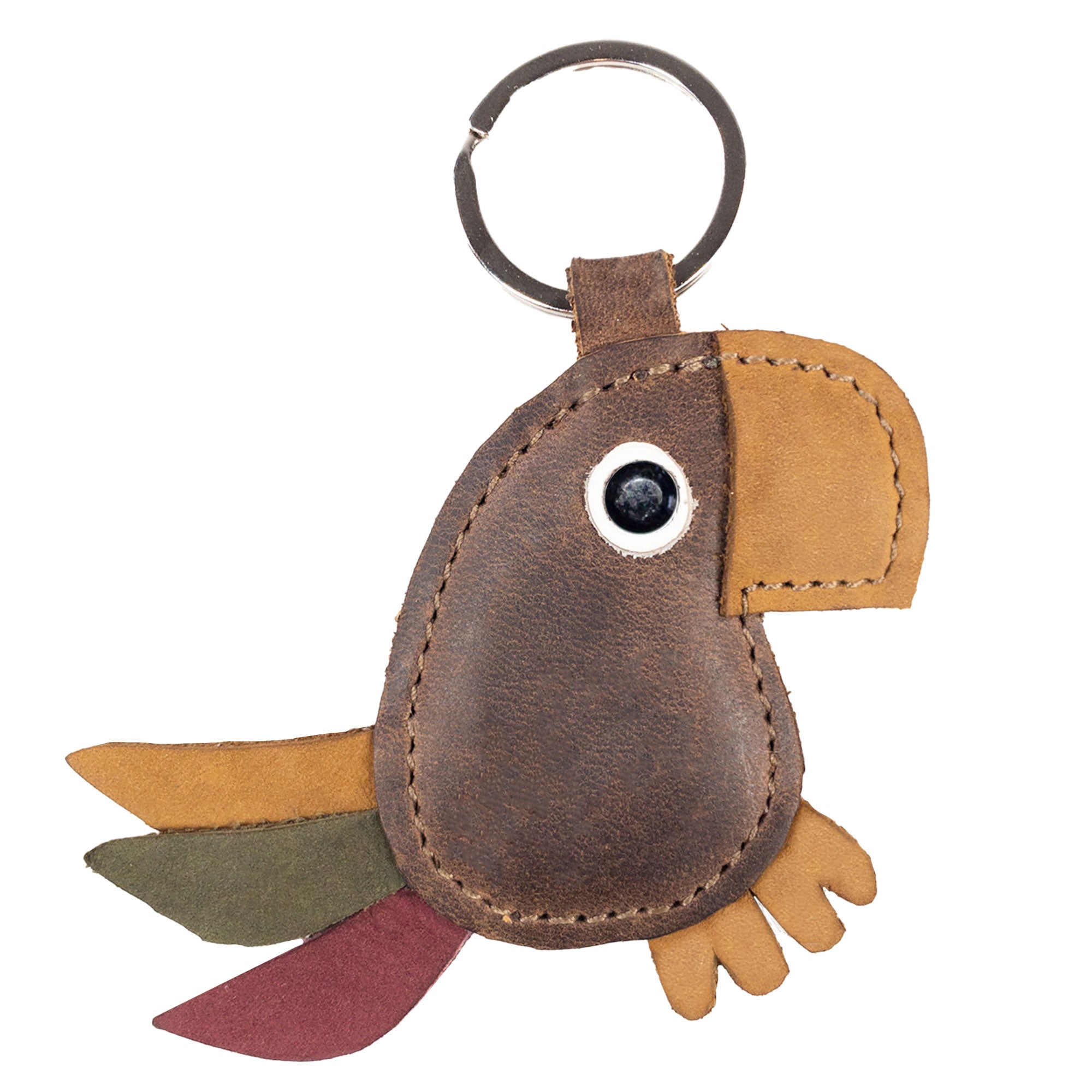 Hide & Drink's Toucan Keychain in full grain leather, showcasing rustic craftsmanship. This animal-shaped keyring is an ideal ornament for backpacks and handbags. Perfectly handmade in La Antigua Guatemala & Oaxaca Mexico, it's a small batch production piece, hand cut, hand sewn, and fire branded for durable charm.