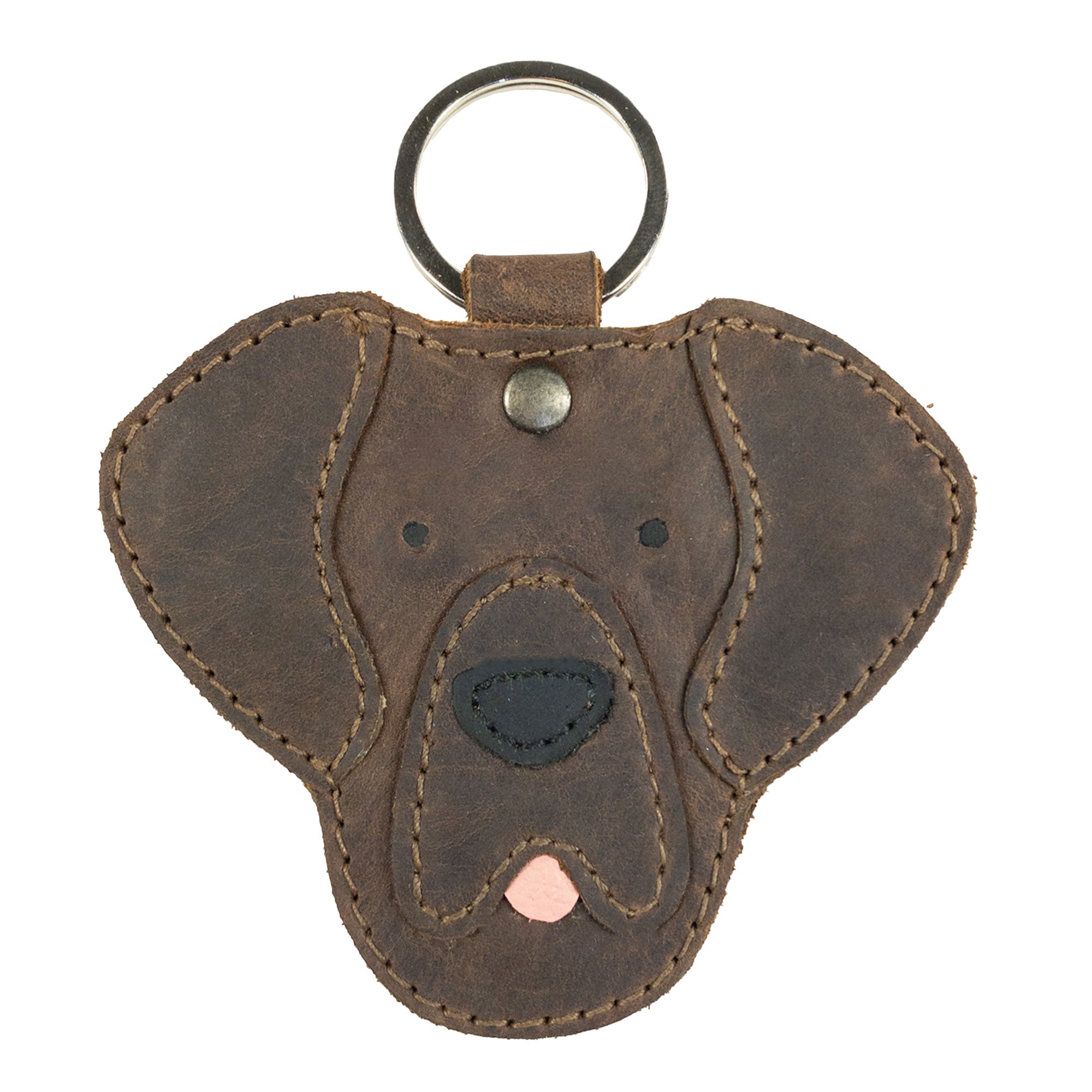 Labrador Dog Critter Keychain by Taco Dog, showcasing a cute dog face crafted from Full Grain Leather, perfect for dog lovers. This adorable keychain features small batch production with hand cut and hand sewn detailing, making it a unique artisan piece handmade in La Antigua Guatemala.