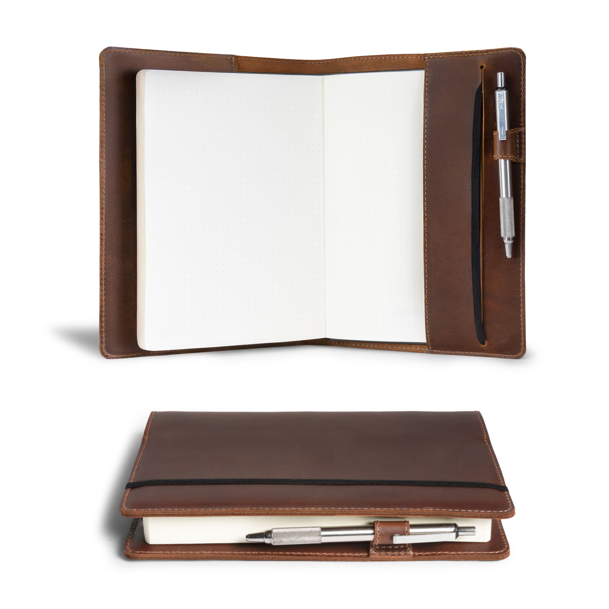 Open view of the Cover for Leuchtturm1917 Notebook 411 Hardcover A5 Size (145 x 210 mm) by Hide & Drink, showcasing a full grain leather design with a built-in pen slot. Perfect for protecting your journal or planner, this handmade notebook sleeve is crafted from premium materials in artisan towns of La Antigua Guatemala & Oaxaca Mexico. Ideal for writers seeking elegance and functionality.