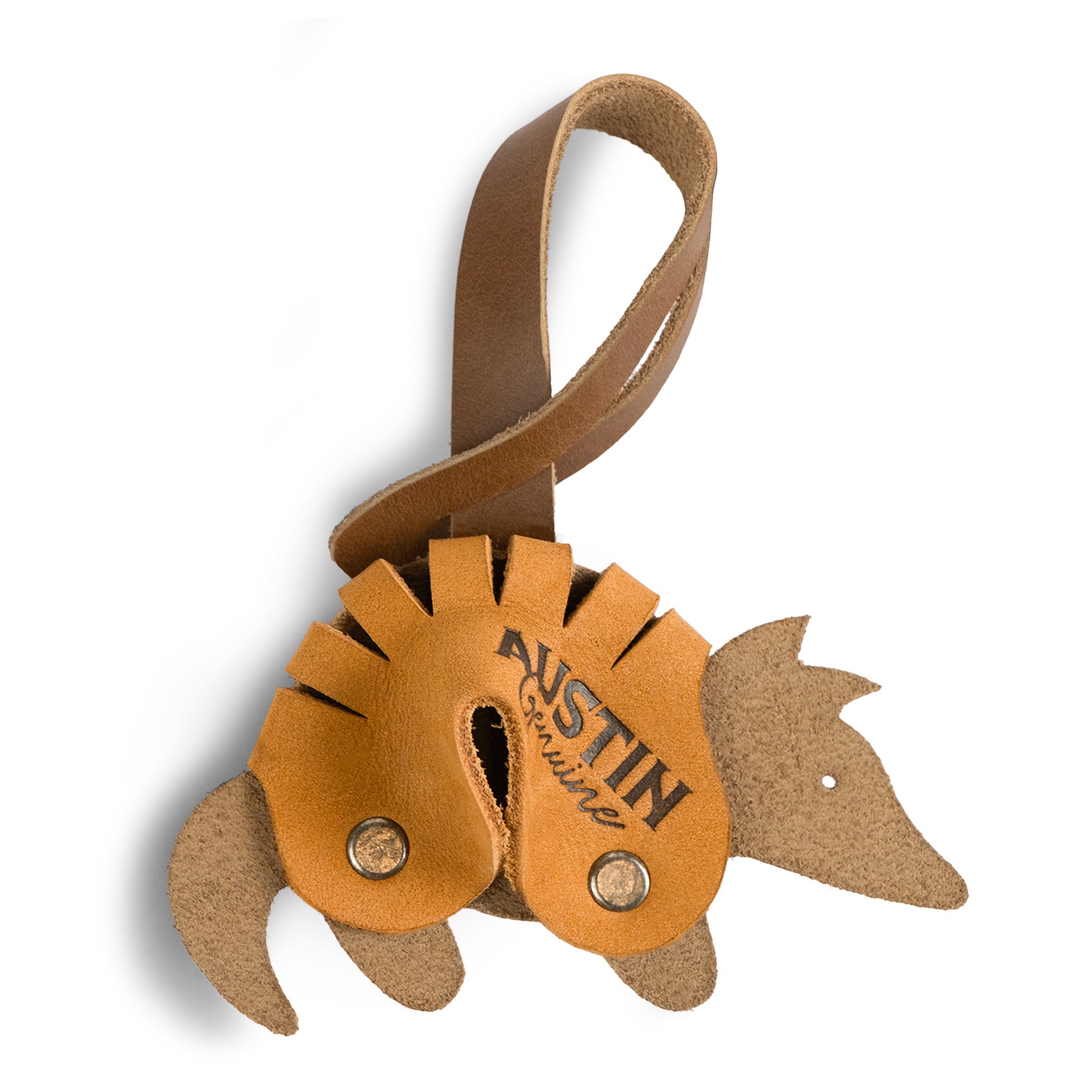 Bag Charms by Austin Genuine features an armadillo leather charm. This Austin Genuine Bag Charm showcases 7 unique designs made with full grain leather from StockyardX, crafted through small batch production, hand cut, hand sewn, and fire branded, artisan, handmade in La Antigua Guatemala & Oaxaca Mexico.