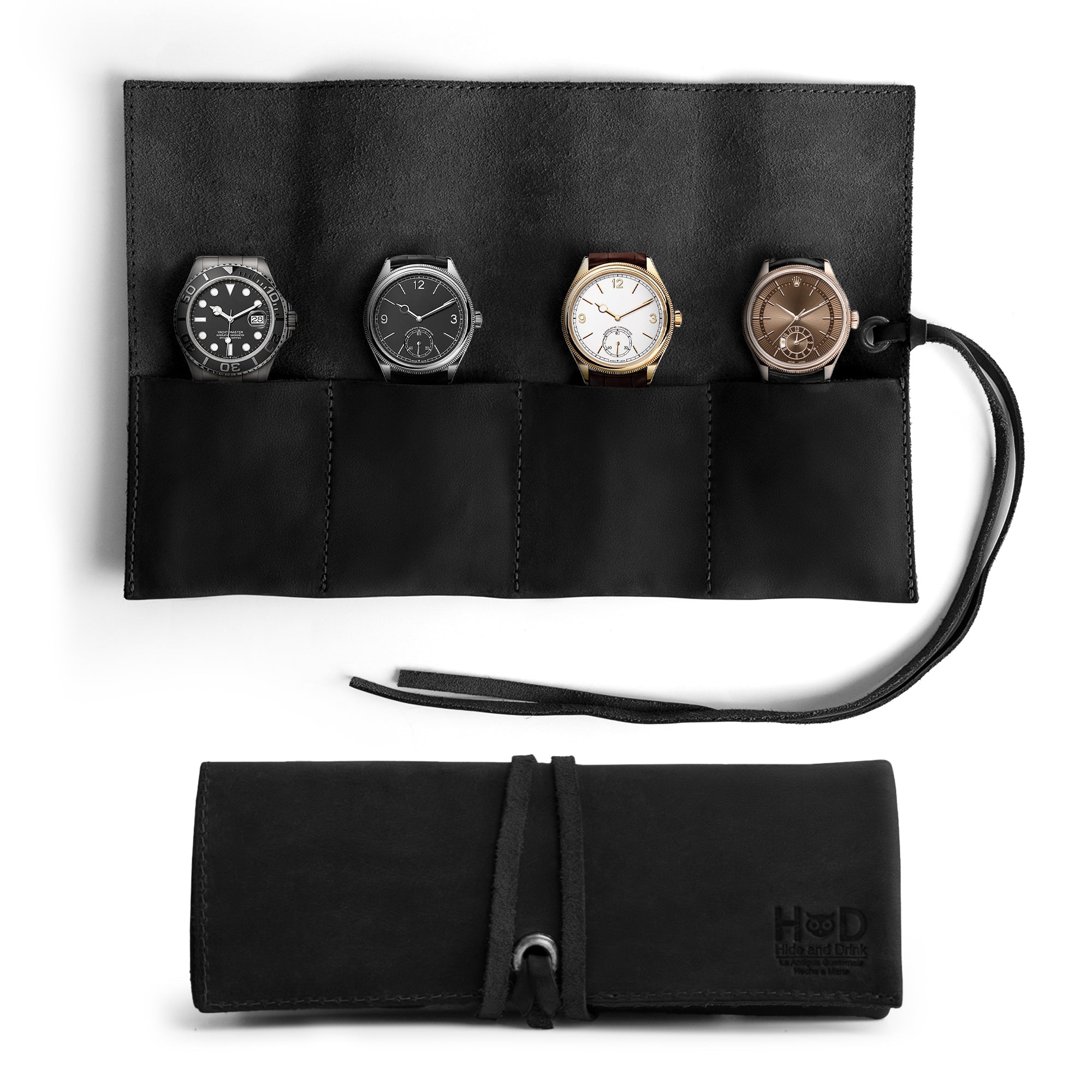 Handmade brown leather Watch Roll from Hide & Drink, accommodates up to 4 watches. This easy carry Watch Roll Organizer highlights full grain leather craftsmanship, showcasing small batch production, hand cut, hand sewn, and fire branded artisanal quality made in La Antigua Guatemala & Oaxaca Mexico.