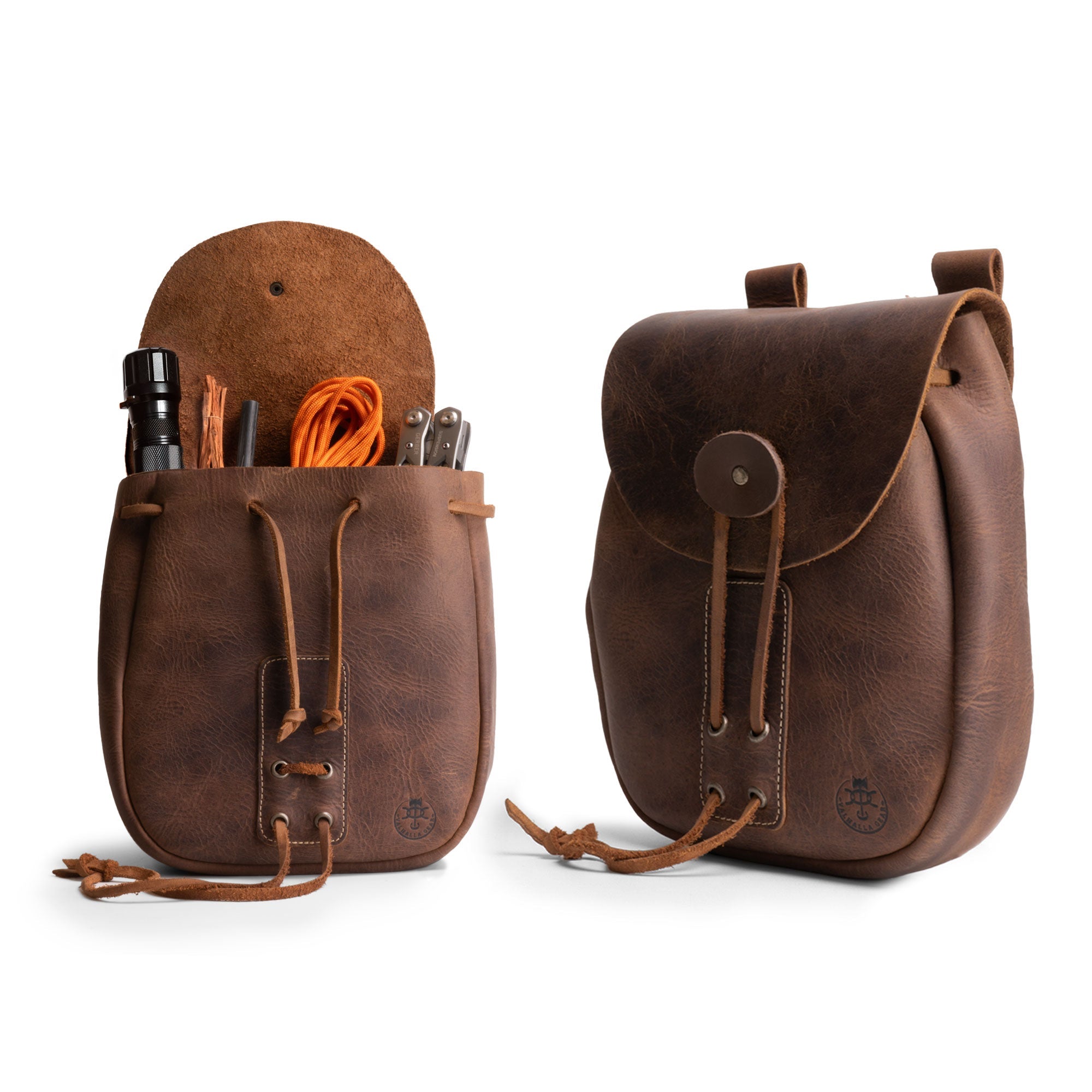 Valhalla Gear Bushcraft Bag showcasing a portable safe pouch with tools, made from full grain leather. This artisan handmade bag is perfect for securely storing money and valuables, featuring unique small batch production techniques.