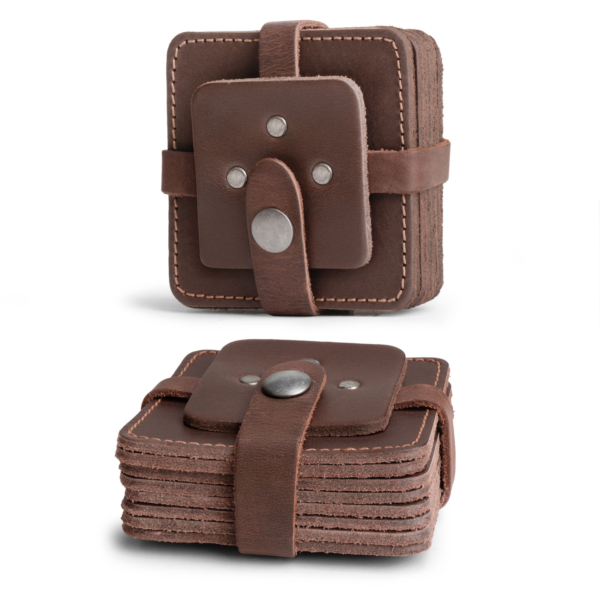 Vintage Squared Coaster (8 pack) by Hide & Drink presented in a stylish case. This coasters set of 8 serves as a table protection for drinks and an elegant accessory for any bar or office. Crafted from premium full grain leather with small batch production techniques, this handmade item combines artfulness with functionality, fire branded, and skillfully handcrafted in La Antigua Guatemala & Oaxaca Mexico.