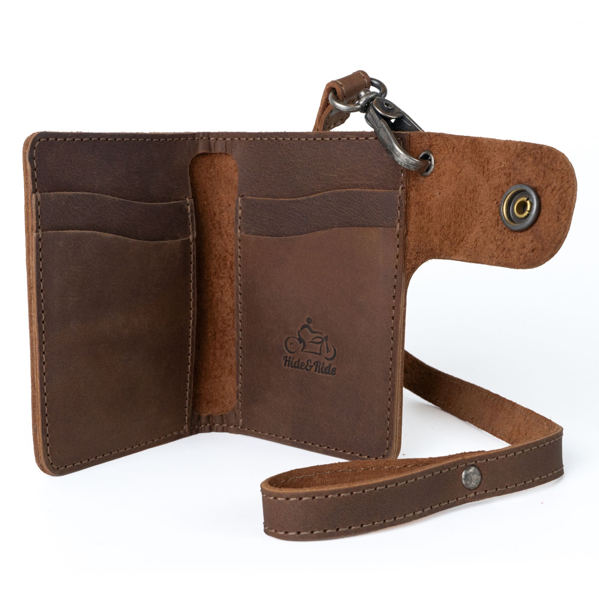 Hide & Ride Biker Wallet showcasing its rectangular design, featuring a compact wallet with a belt loop and strap. This card holder with a snap closure is perfect for bikers.