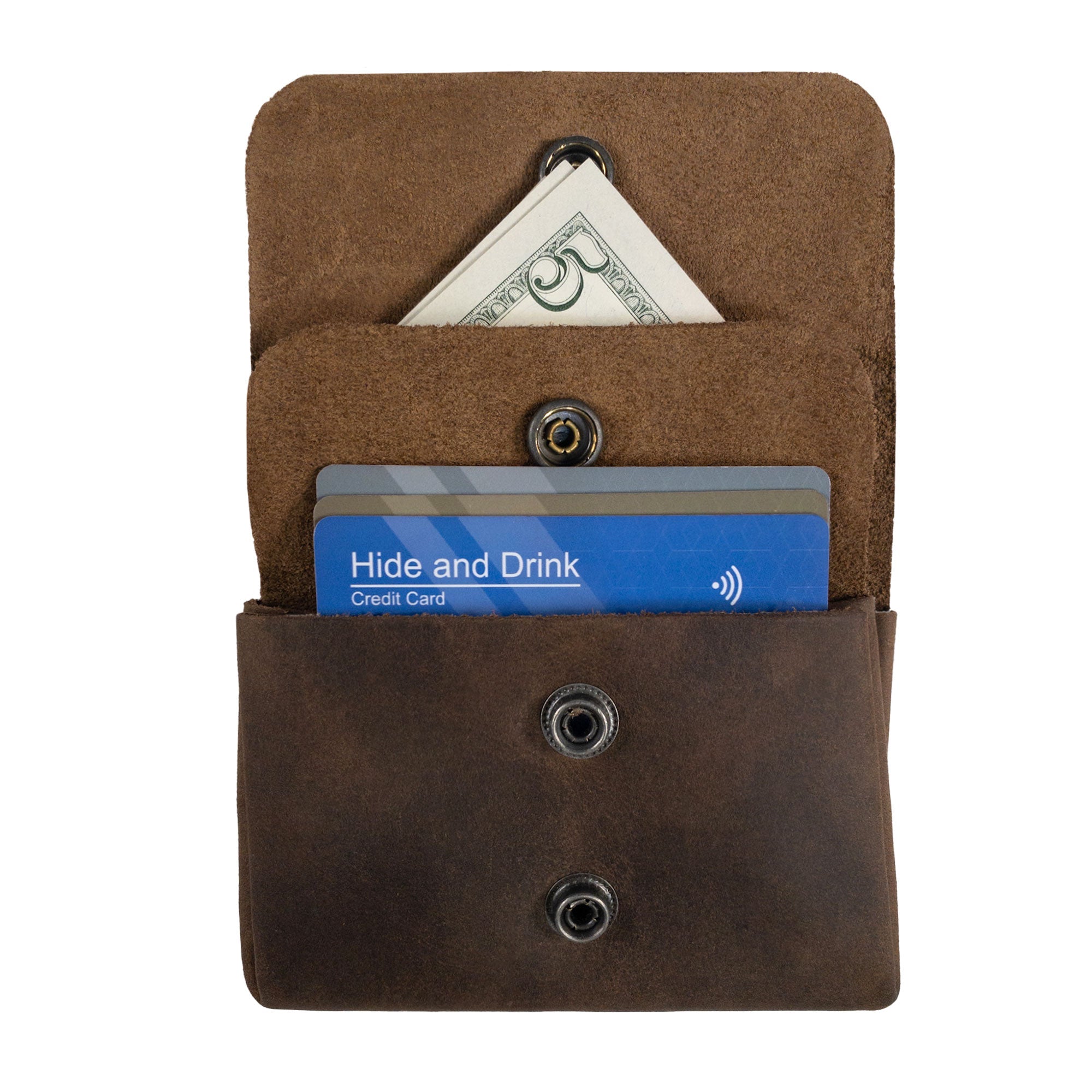 Open view of the Double Pouch Card Wallet by Hide & Drink with cash and credit cards visible. This Leather Double Pouch Card Wallet serves as an efficient card organizer, cash holder, and ID case, perfect for men and women. Handmade in La Antigua Guatemala & Oaxaca Mexico.