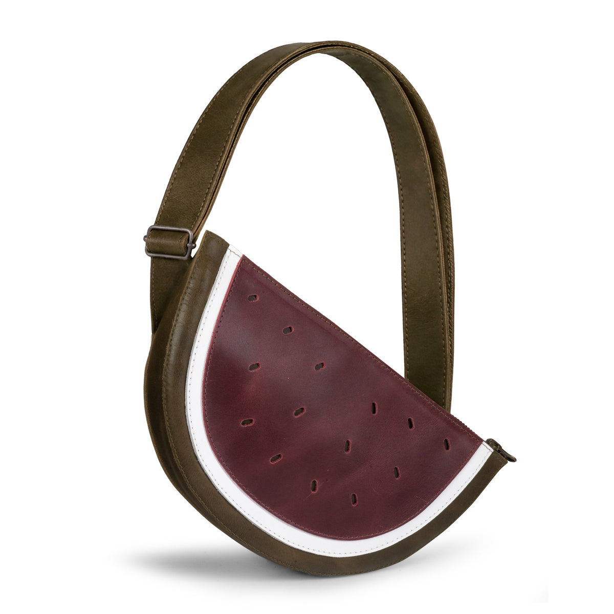 Tudi Frudi Watermelon Crossbody, a Full Grain Leather Watermelon Crossbody Bag with Adjustable Shoulder Strap, Messenger Bag, Shoulder Bag, Zippered Sling Bags, Travel Backpack, Purses for Men and Women, Satchel, Full Grain Leather, StockyardX, Small Batch Production, Hand Cut, Hand Sewn, Fire Branded, Artisan, Handmade in La Antigua Guatemala & Oaxaca Mexico, shown in a watermelon-inspired design.
