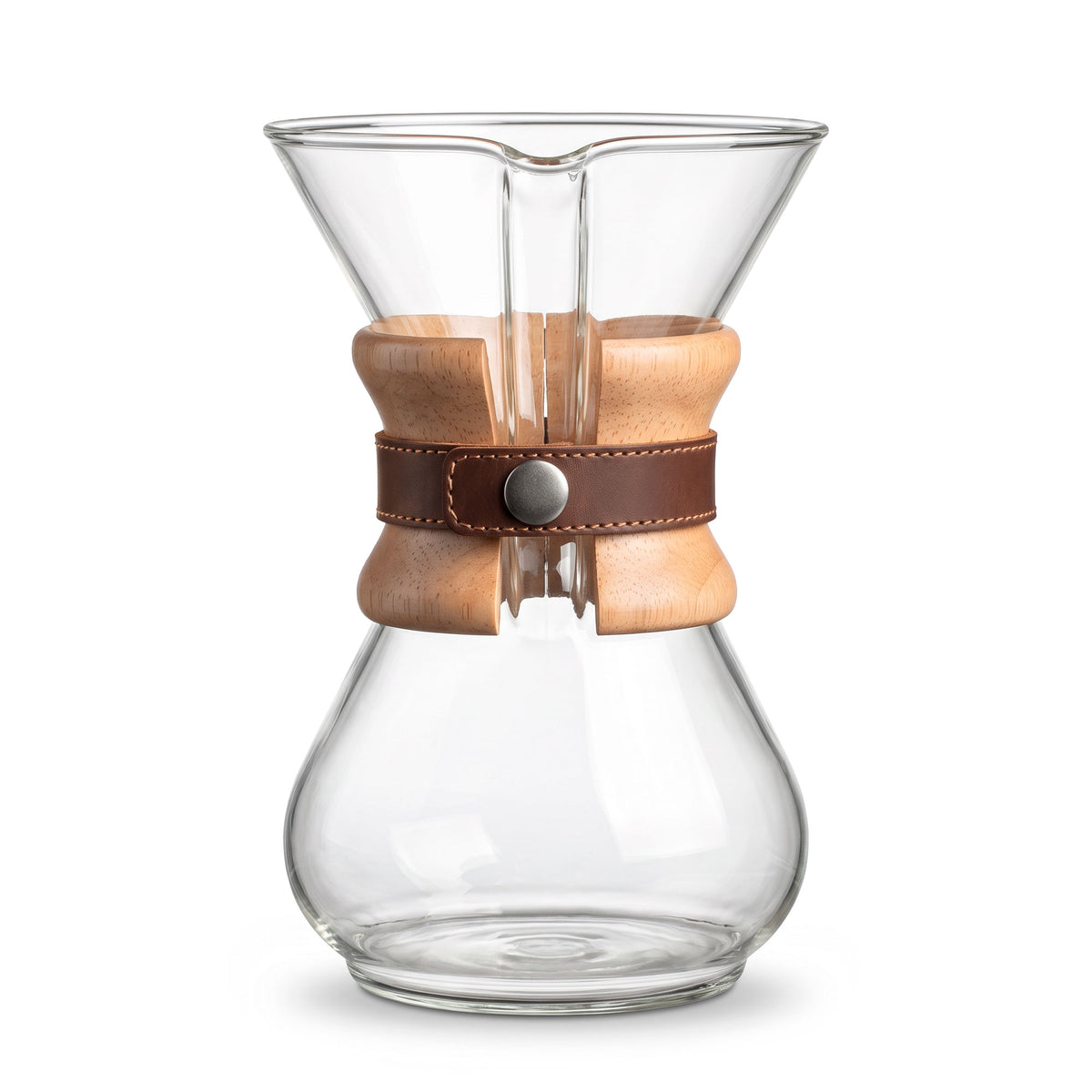 Chemex Strap Replacement showcased on a glass Chemex pour-over coffee maker, crafted by Hide & Drink. This durable strap is a perfect accessory for your Chemex, featuring Full Grain Leather, ideal for a stylish coffee experience. Pour Over Strap (2 Pack) Compatible with Chemex 6-Cup Glass, made with artisan quality in small batch production, hand cut and hand sewn, fire branded in La Antigua Guatemala & Oaxaca Mexico.