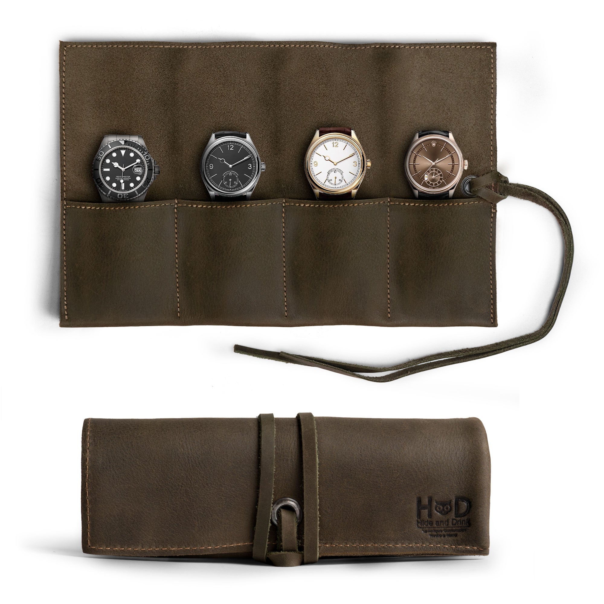 Crafted leather Watch Roll by Hide & Drink, holds up to 4 watches elegantly. This easy carry Watch Roll Organizer is made from full grain leather, featuring the artistry of small batch production, hand cut, hand sewn, and fire branded, proudly made in La Antigua Guatemala & Oaxaca Mexico.