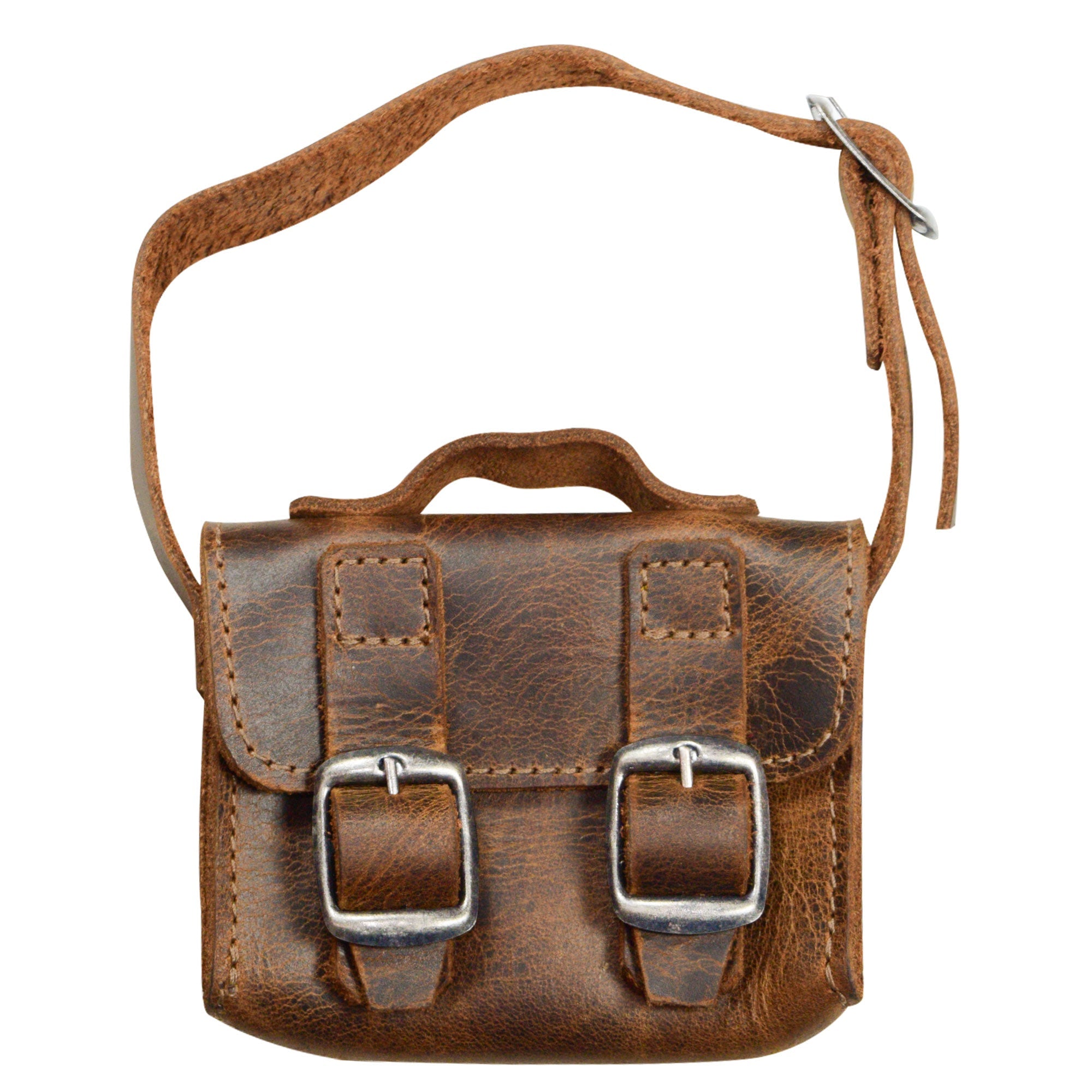 Tiny Messenger Bag by Hide & Drink, a charming Mini Messenger Bag Charm made from premium Full Grain Leather. This artisan accessory is perfect as a keychain or for handbags. Handmade in La Antigua Guatemala, featuring small batch production, hand cut, hand sewn, and fire branded details.