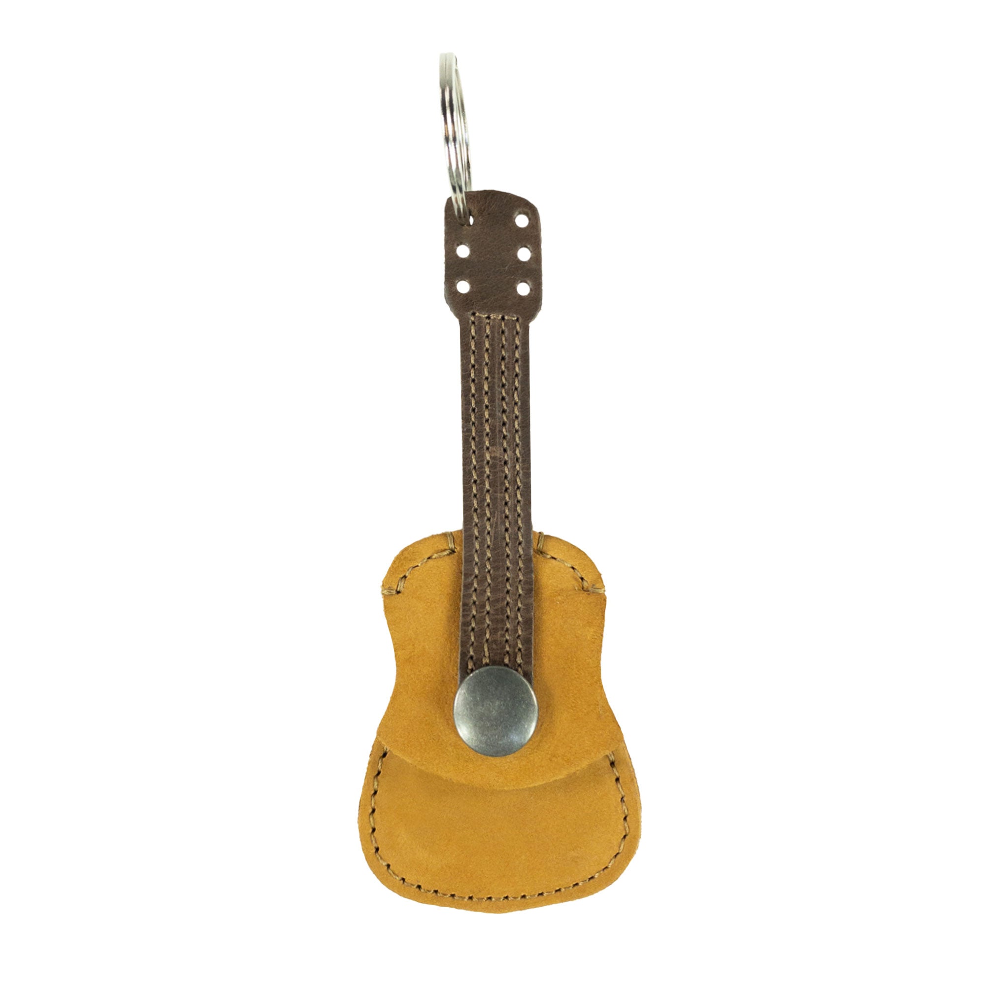 Hide & Drink Guitar Pick Holder featuring a rustic design, perfect as a Leather Guitar Pick Holder Keychain. This handmade product showcases full grain leather, ideal for picks case instrument gifts ideas for musicians. Artisan crafted in La Antigua Guatemala.