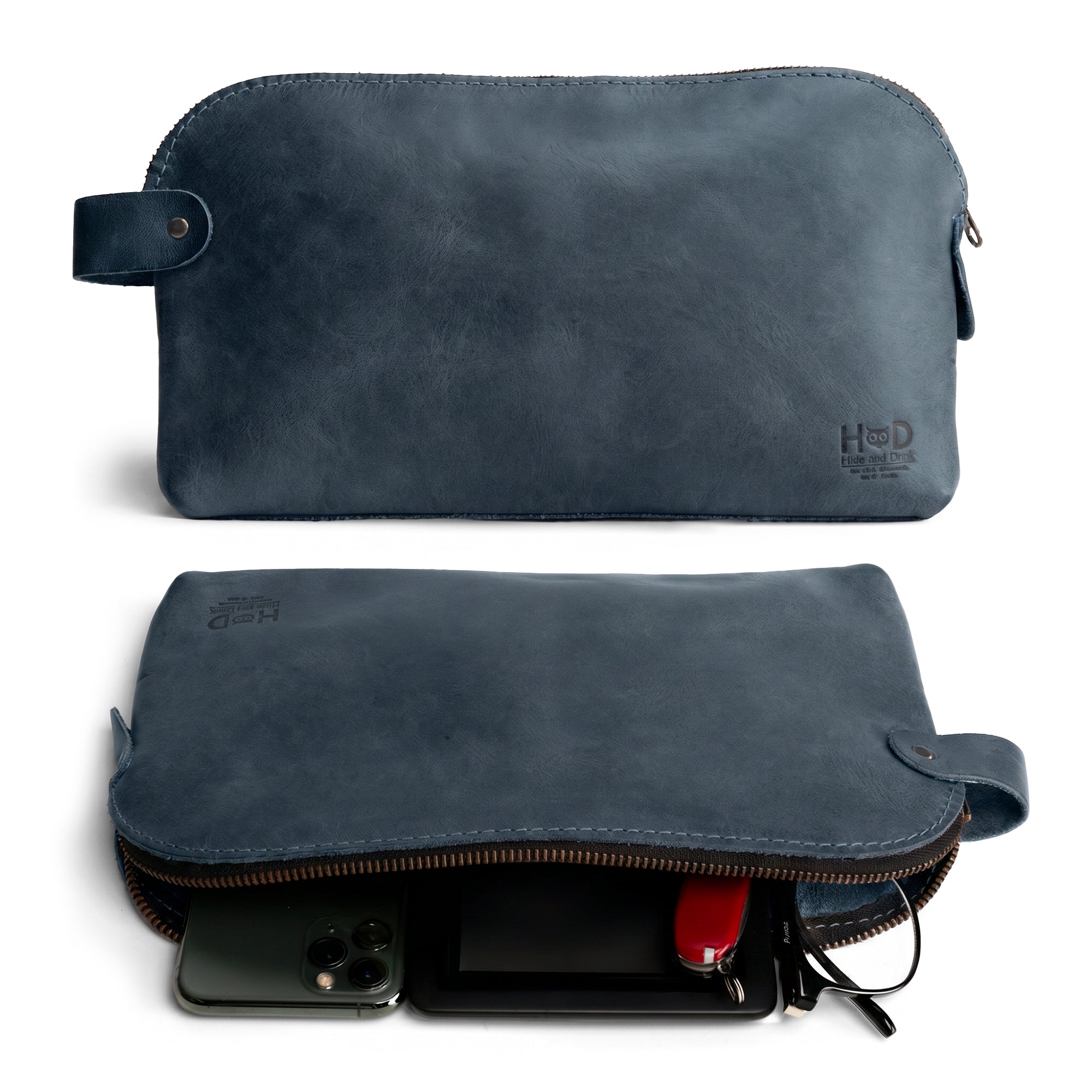 Dopp Kit Utility Bag by Hide & Drink illustrating a sleek profile for both practicality and style. This artisan Dopp Kit Utility Bag serves as a multi-purpose bag, crafted from full grain leather with emphasis on hand cut and hand sewn techniques, handmade in La Antigua Guatemala & Oaxaca Mexico.