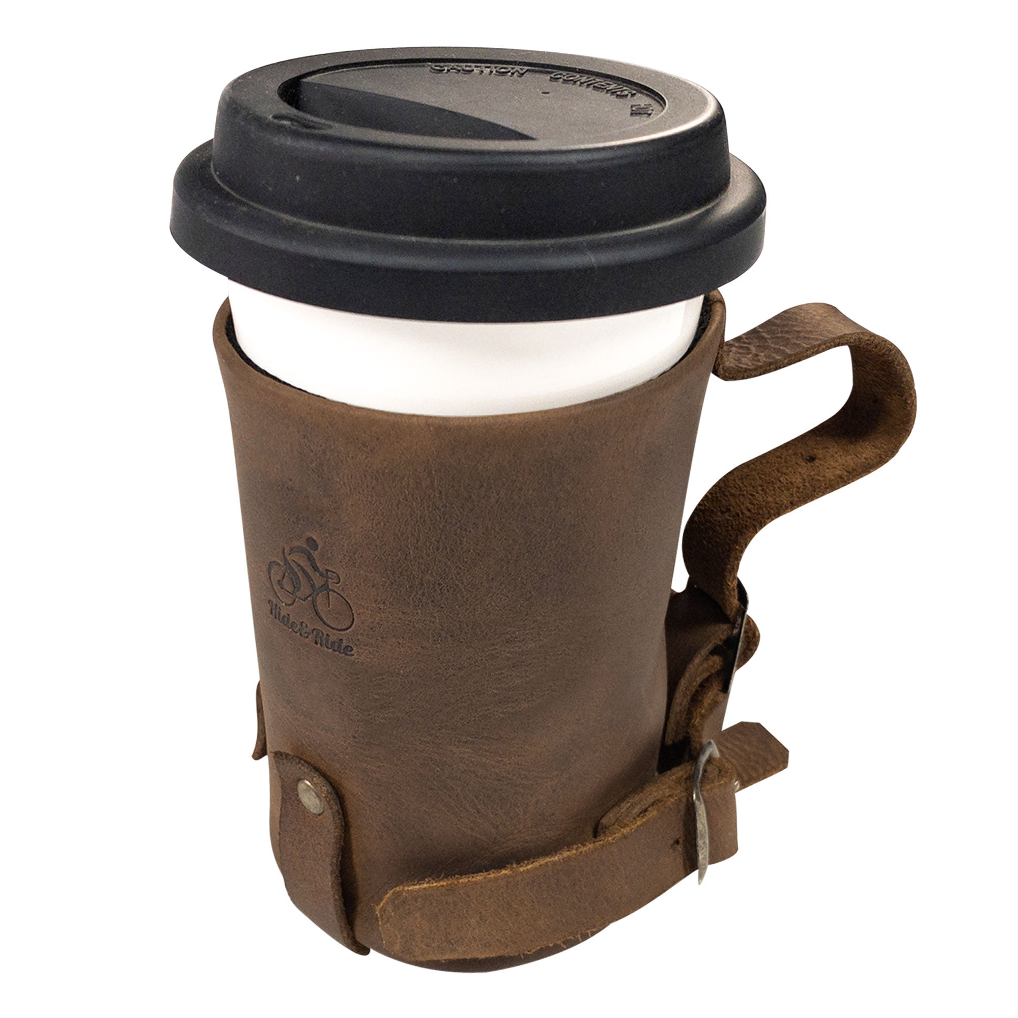 Cruzy Bike Handlebar Cup Holder by Hide & Ride featuring a full grain leather design, ideal for commuting with an insulated beverage pouch. Perfect for minimalist bikers and urban nomads seeking a handmade solution, this cup holder is artisan crafted in La Antigua Guatemala.