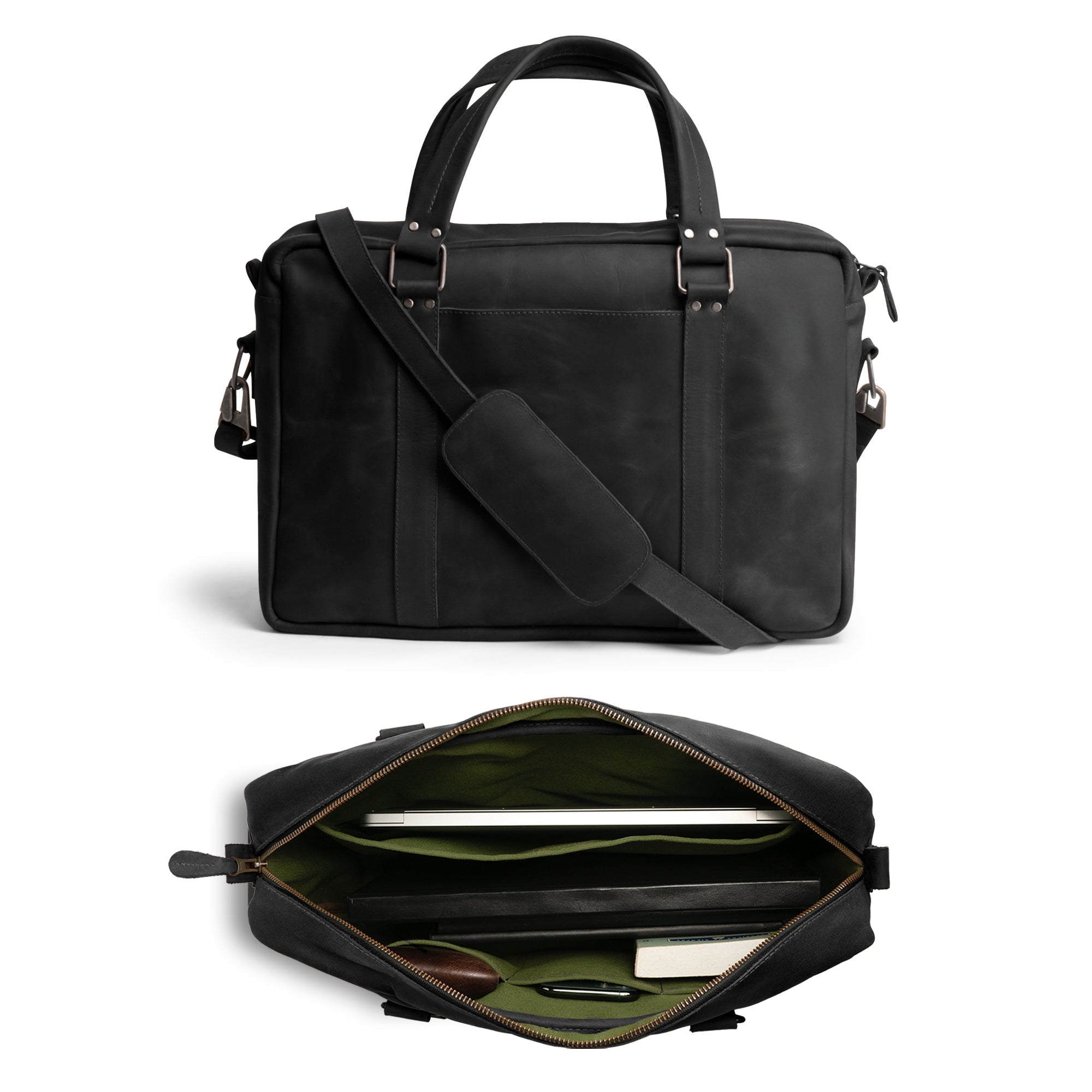 Classic Leather Briefcase by Hide & Drink in black, featuring a roomy design and a stylish exterior made from Full Grain Leather. This messenger bag offers an adjustable shoulder strap and a water resistant canvas lining, making it a versatile choice for both men and women. Handmade in La Antigua Guatemala, it exemplifies premium artisan craftsmanship.