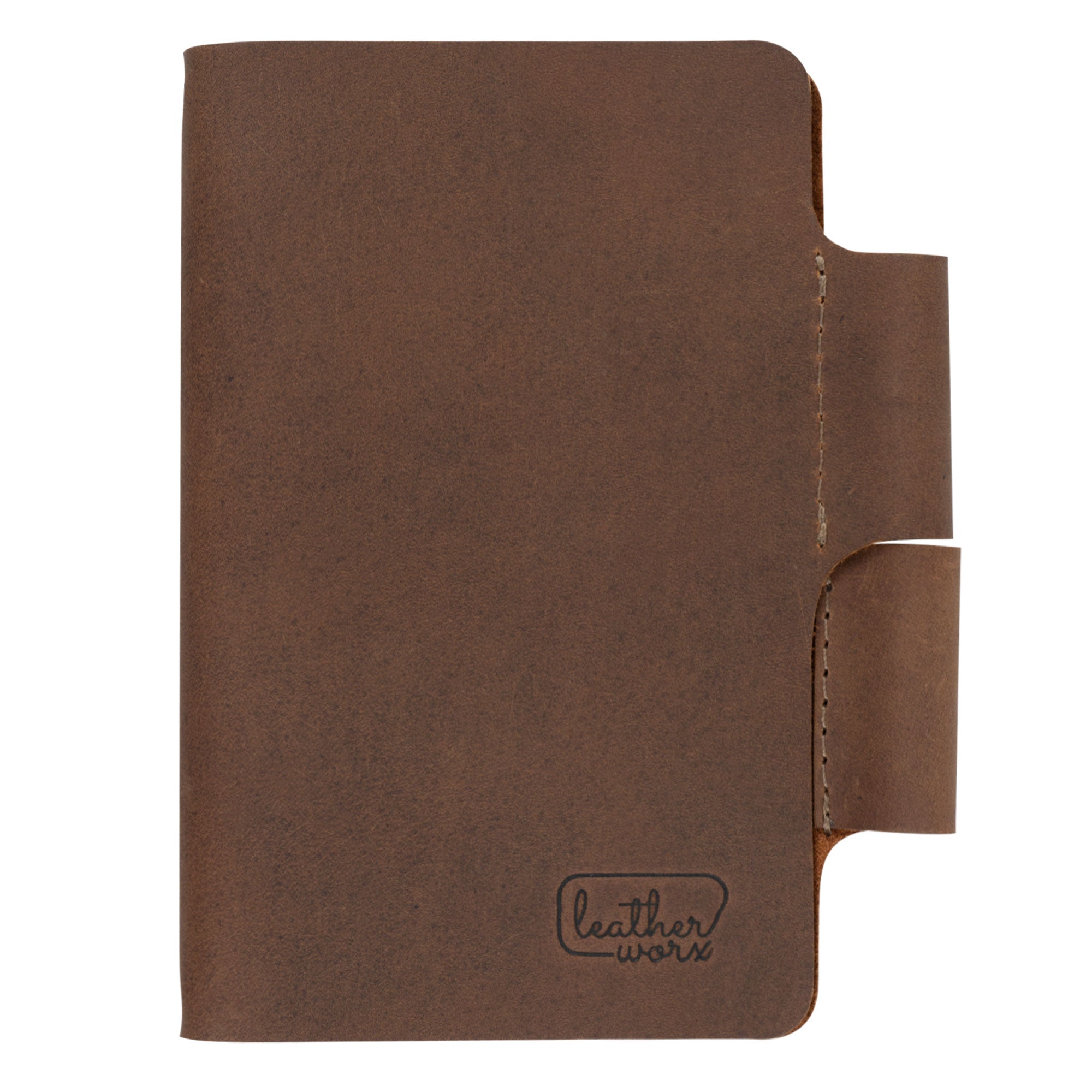 Front view of the Vintage Cover for Field Notes (3.5 x 5.5 in. Notebook not Included) by Leather Worx, exemplifying its full grain leather finish. This Vintage Cover Designed for Field Notes Notebook (3.5 x 5.5 in.) highlights artisan craftsmanship with small batch production, hand cut, and hand sewn details from La Antigua Guatemala & Oaxaca Mexico.