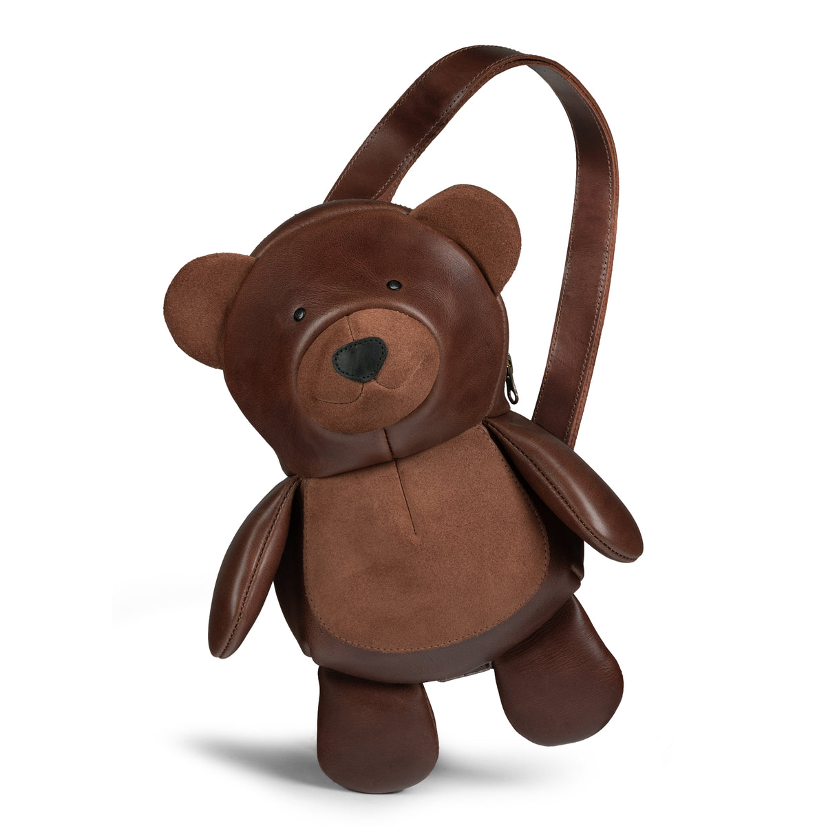 Tudi Frudi Leather Teddy Bear Crossbody Bag shown from the front, featuring a playful brown teddy bear design, Adjustable Shoulder Strap, Messenger Bag, Shoulder Bag, Zippered Sling Bags, Travel Backpack, Purses for Men and Women, Satchel, Full Grain Leather, StockyardX, Small Batch Production, Hand Cut, Hand Sewn, Fire Branded, Artisan, Handmade in La Antigua Guatemala & Oaxaca Mexico.