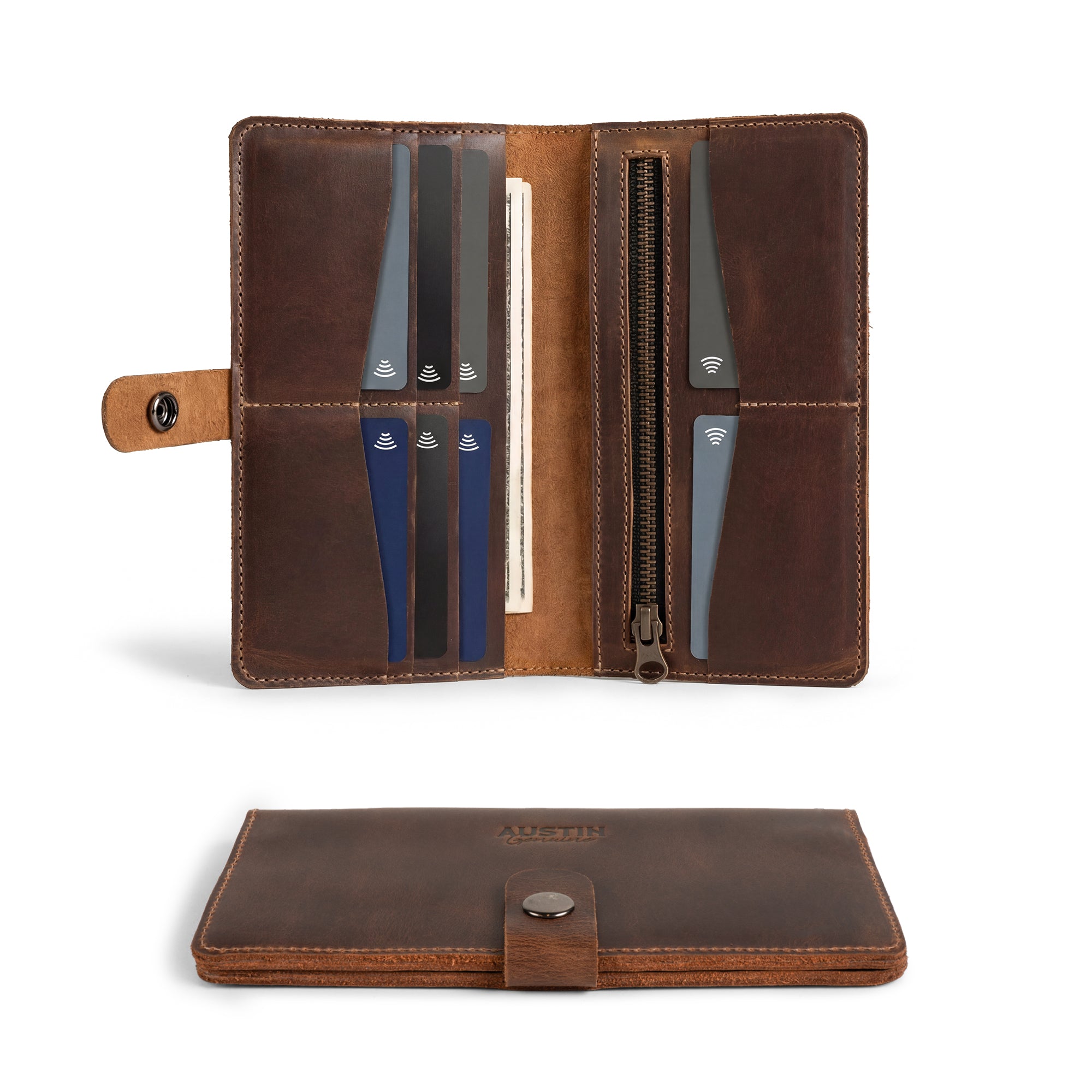 Inside view of The Lamar Long Bifold Wallet by Austin Genuine, featuring multiple card slots and a zipper compartment. Inspired by Austin’s bold passion, vibrant popular culture, and unmistakable Texas spirit, this wallet is crafted from Full Grain Leather and is a testament to StockyardX's Small Batch Production, Hand Cut, Hand Sewn, Fire Branded, Artisan style; proudly Handmade in La Antigua Guatemala & Oaxaca Mexico.