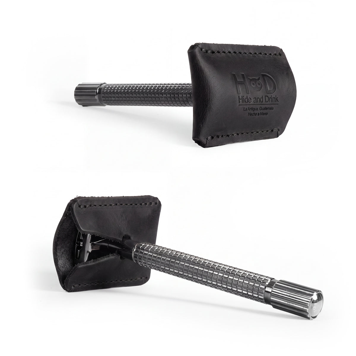 Close-up image of the Hide & Drink Razor Head Cover in black leather, showcasing its durable design as a protective sheath for the Double Edge Safety Razor, handcrafted in La Antigua Guatemala.