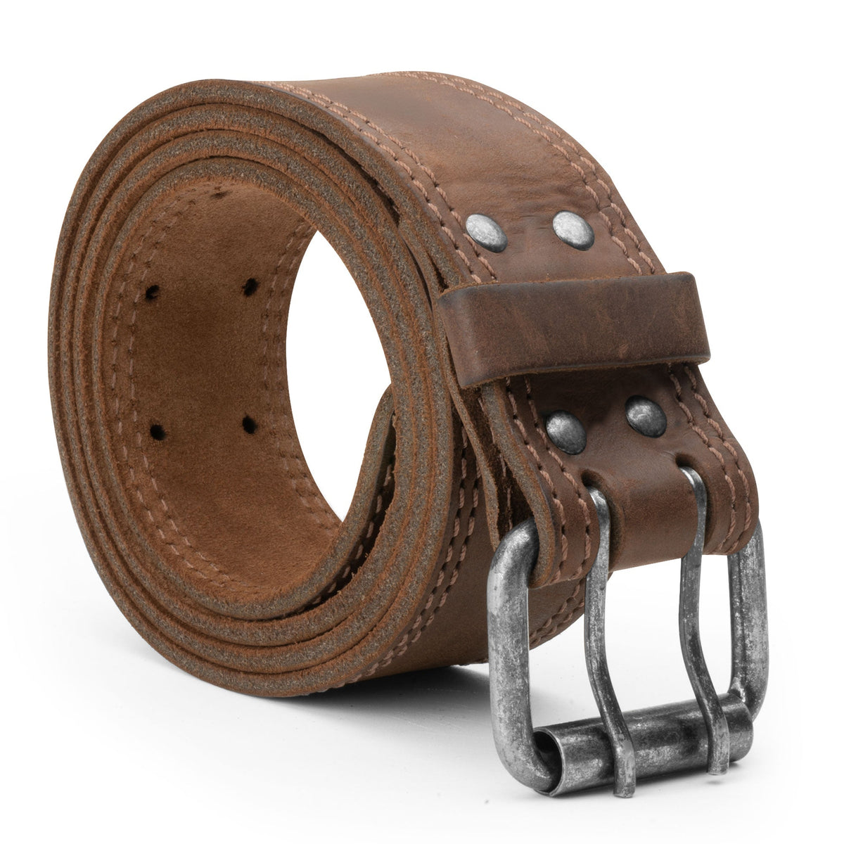 Vintage Leather Double Rivet Wide Buckle Belt Handmade Red Leather Belt with Black Wash, Unique Design  main image 2