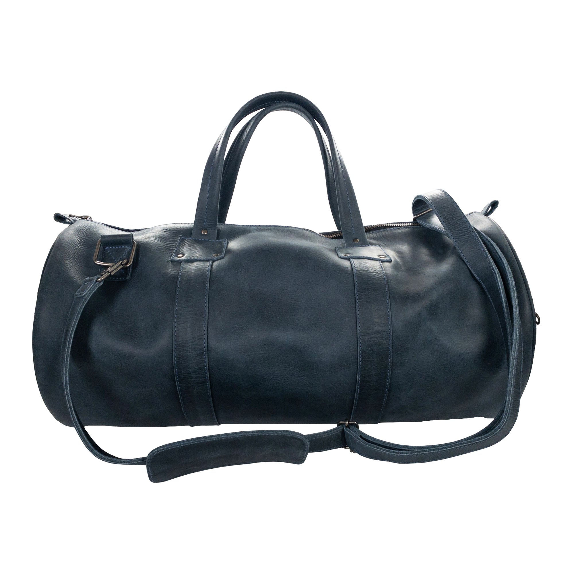 Top view of the Classic Duffle Bag by Hide & Drink in dark brown leather, emphasizing spacious interior and handy design with adjustable strap and zipper closure. This Full Grain Leather Classic Duffle Bag is a timeless Messenger Bag for your travels, handmade in La Antigua Guatemala & Oaxaca Mexico.