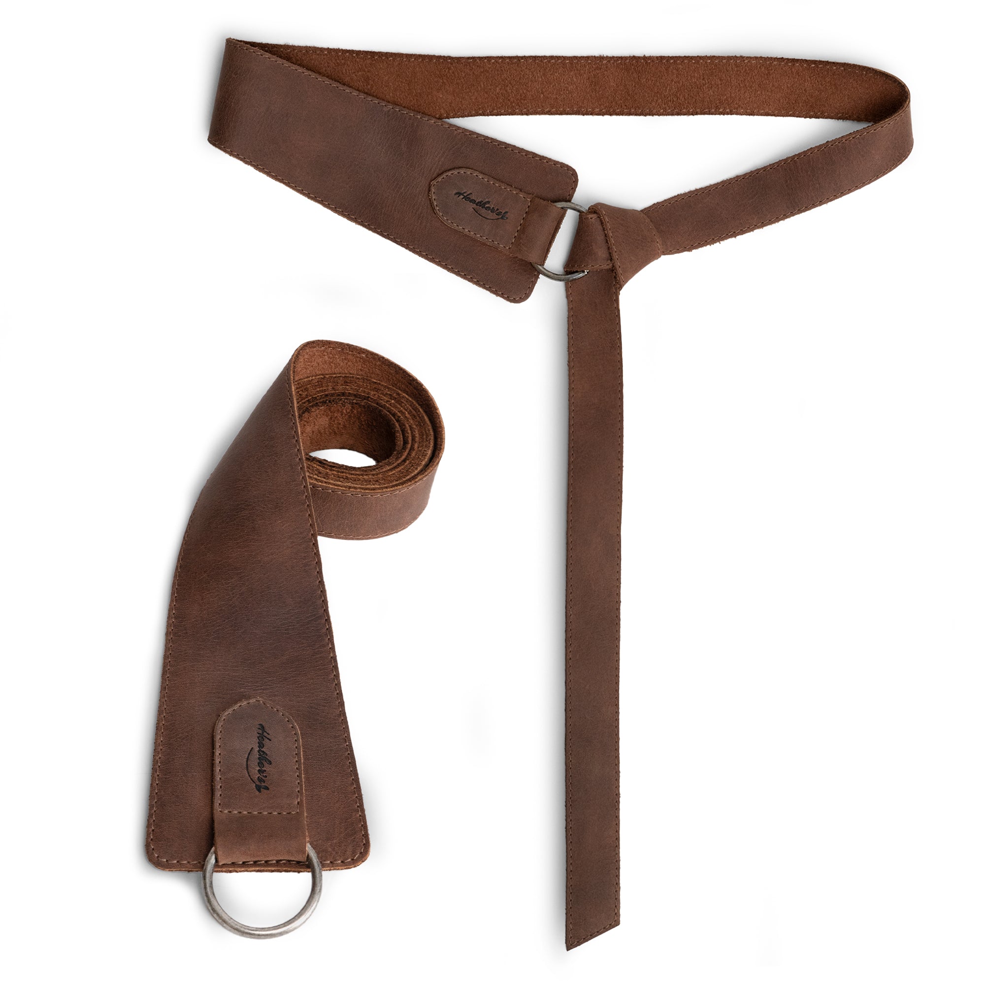 Heather's Formal Belt for Women with Ring, featuring a stylish brown design, perfect as a waist strap or belly accessory. Made of Full Grain Leather, this No-Buckle Belt showcases artisan craftsmanship with small batch production, hand cut and hand sewn in La Antigua Guatemala.