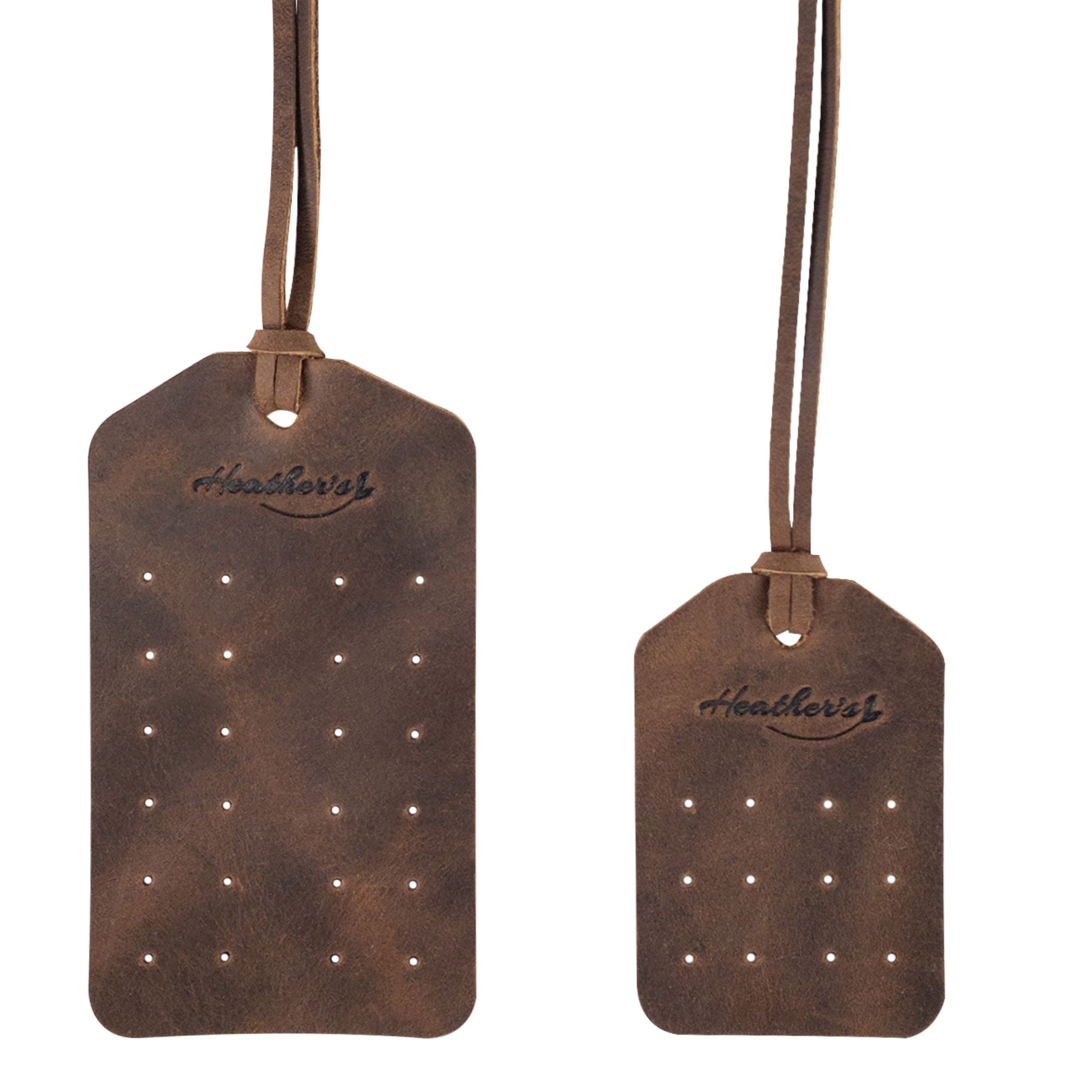 Set of 2 Earring Tags by Heather's showcasing elegant display tags for earrings with straps and pre-cut holes, a perfect travel accessory made of full grain leather. Ideal for organizing earrings, each tag is handmade in La Antigua Guatemala & Oaxaca Mexico with small batch production techniques.