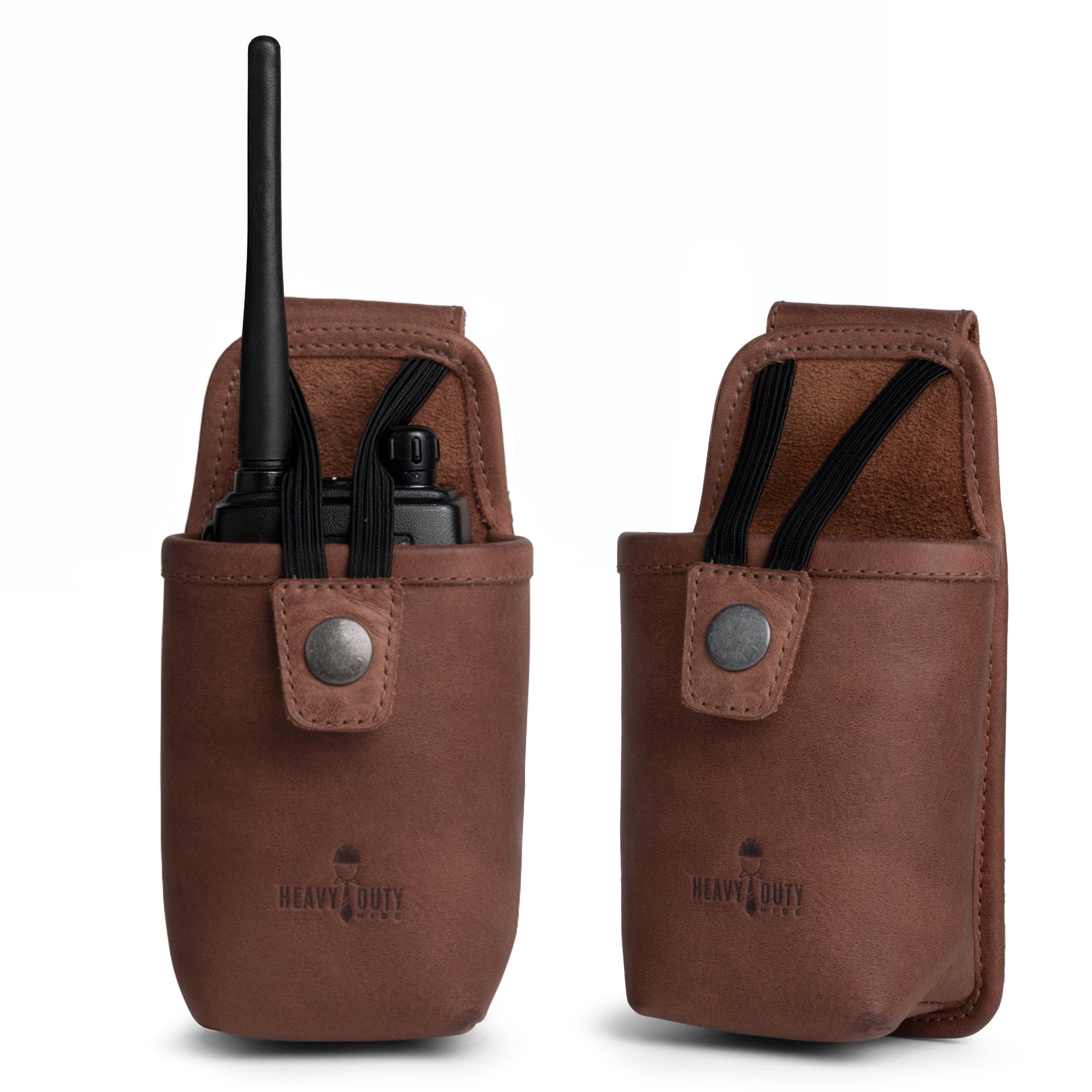 Heavy Duty Hide Radio Case in full grain leather, designed for walkie talkies. This durable belt holster stores and clips on your hip for easy access to your two-way radio. Perfect for tactical accessories, this artisan-crafted Radio Case is handmade in La Antigua Guatemala and Oaxaca Mexico.