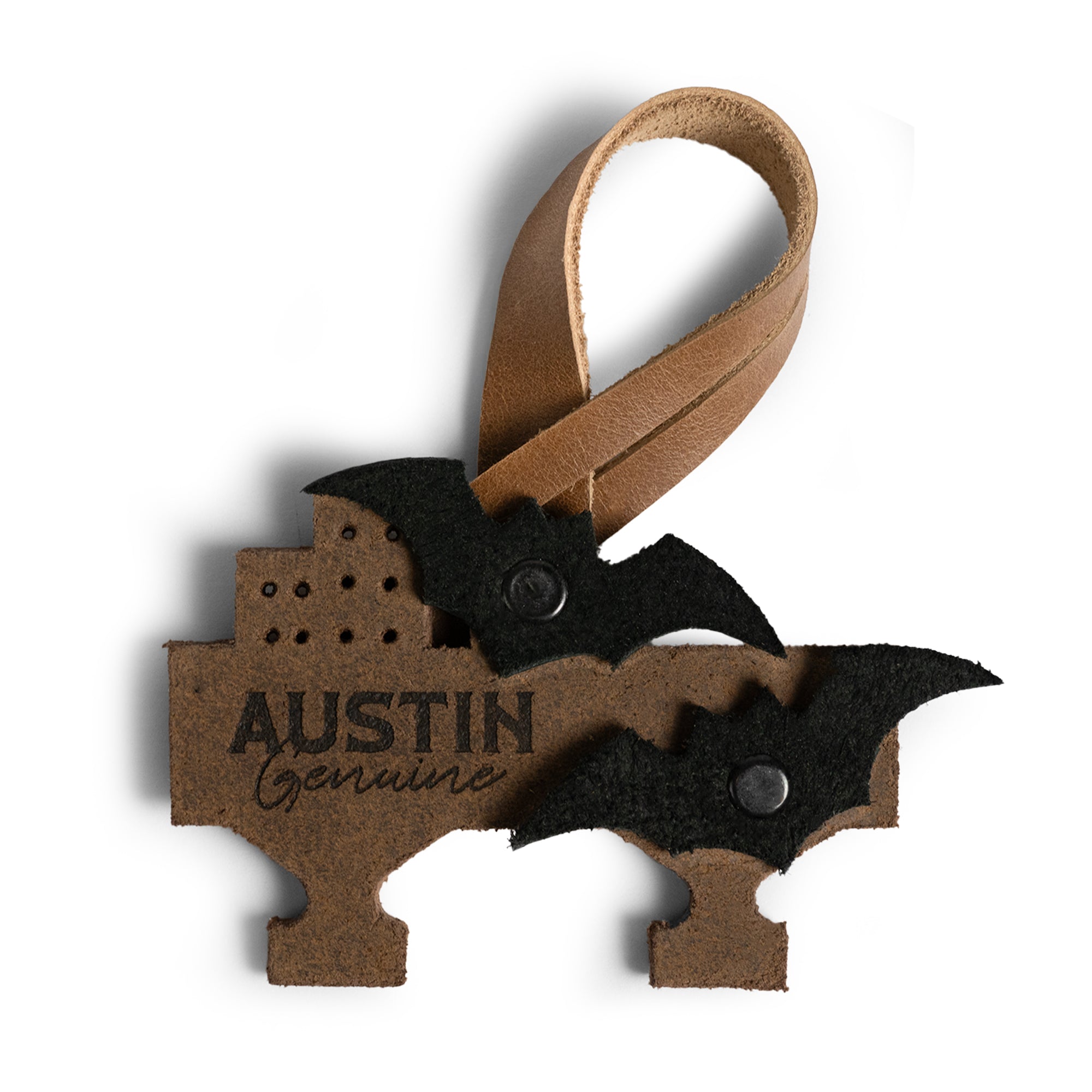 Bag Charms by Austin Genuine features a bat-themed leather charm. This Austin Genuine Bag Charm showcases 7 unique designs made with full grain leather from StockyardX, crafted through small batch production, hand cut, hand sewn, and fire branded, artisan, handmade in La Antigua Guatemala & Oaxaca Mexico.