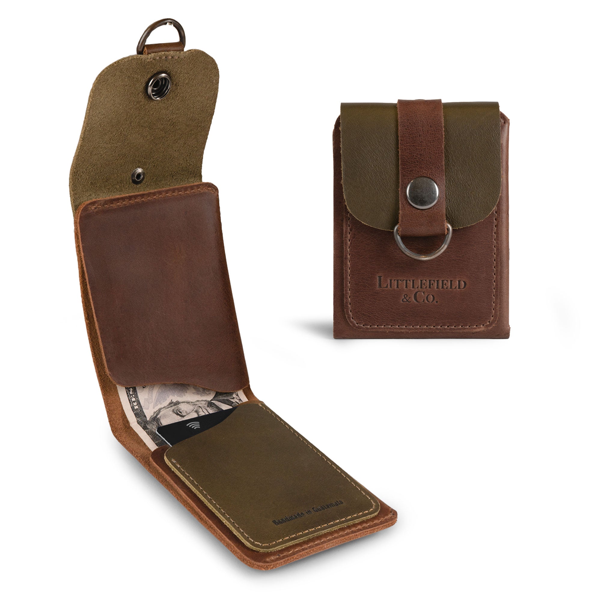 The Vintage Adventure Wallet by Littlefield Chicago, featuring a slim bifold design made from full grain leather. This hanging wallet for backpack offers multiple compartments as a compact men's bill organizer, perfect for your ID card holder and travel accessories. Each wallet is hand cut and hand sewn, showcasing artisan craftsmanship from La Antigua Guatemala & Oaxaca Mexico.