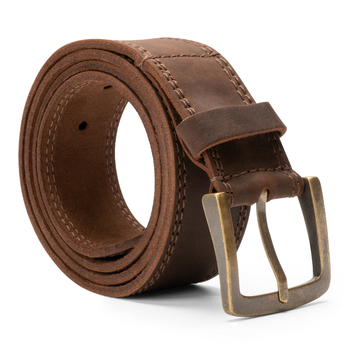 Two Row Stitch Thick Leather Belt - Antique Brass Buckle 