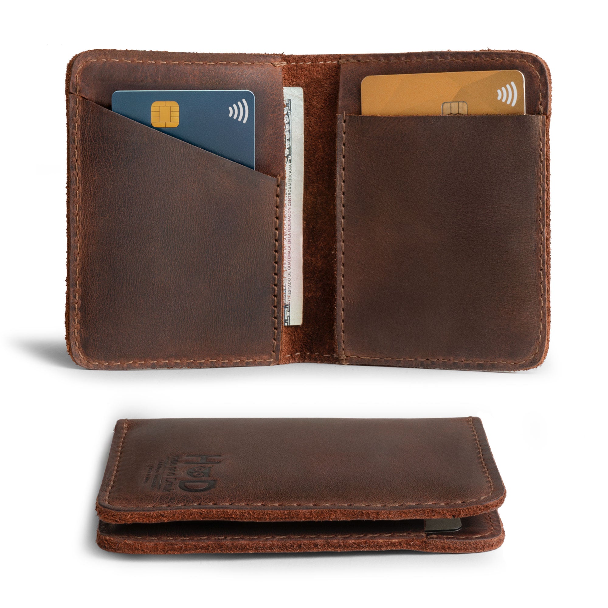 Hide & Drink Bifold Wallet featuring a compact design ideal for front pockets, made from full grain leather. This slim card holder is perfect for minimalists, showcasing artisanal craftsmanship from La Antigua Guatemala.