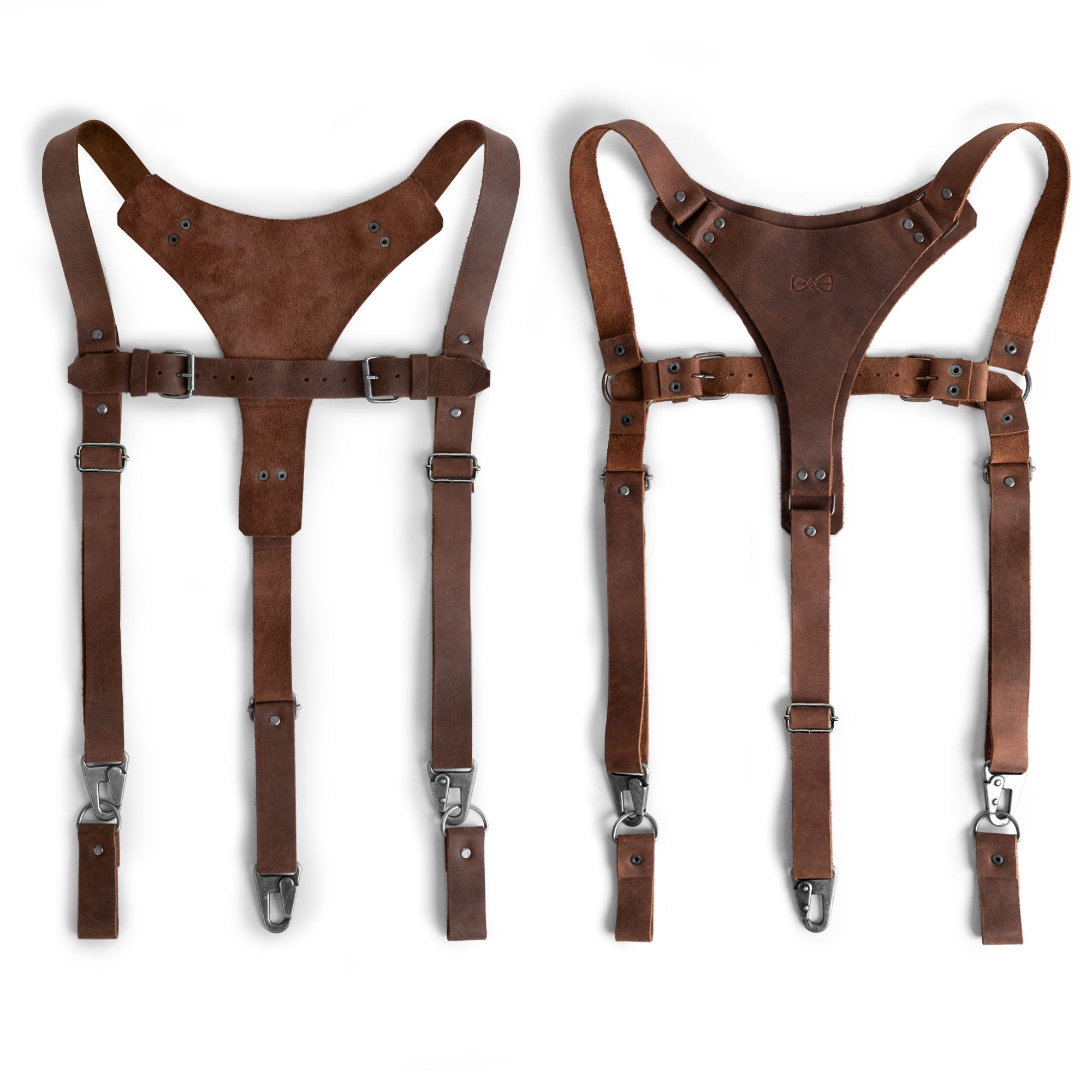 Riveted Suspenders by Hide & Groom featuring Y Back Suspenders with Adjustable Size Straps for Men, perfect for Weddings and Steampunk Harness style.