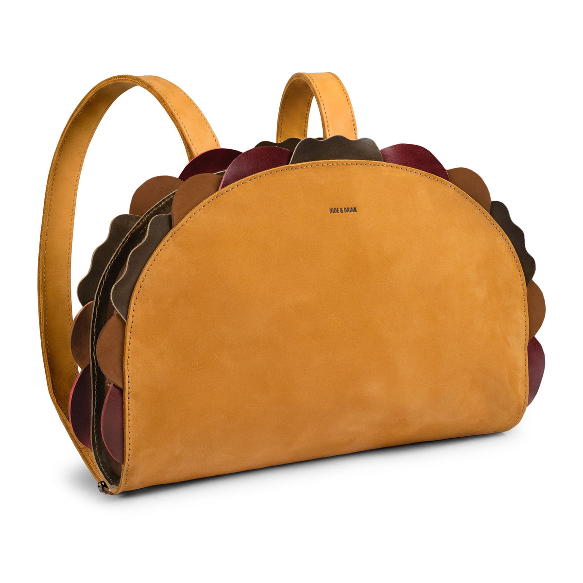 Hide & Drink Taco Backpack, a Taco Backpack and Fashion Zippered Bag with Carry Pack with Adjustable Shoulder Straps, Fun Carryalls style, Casual Daypack design, and Travel Accessory appeal; crafted from Full Grain Leather by StockyardX through Small Batch Production, Hand Cut and Hand Sewn with Fire Branded Artisan details, Handmade in La Antigua Guatemala & Oaxaca Mexico.
