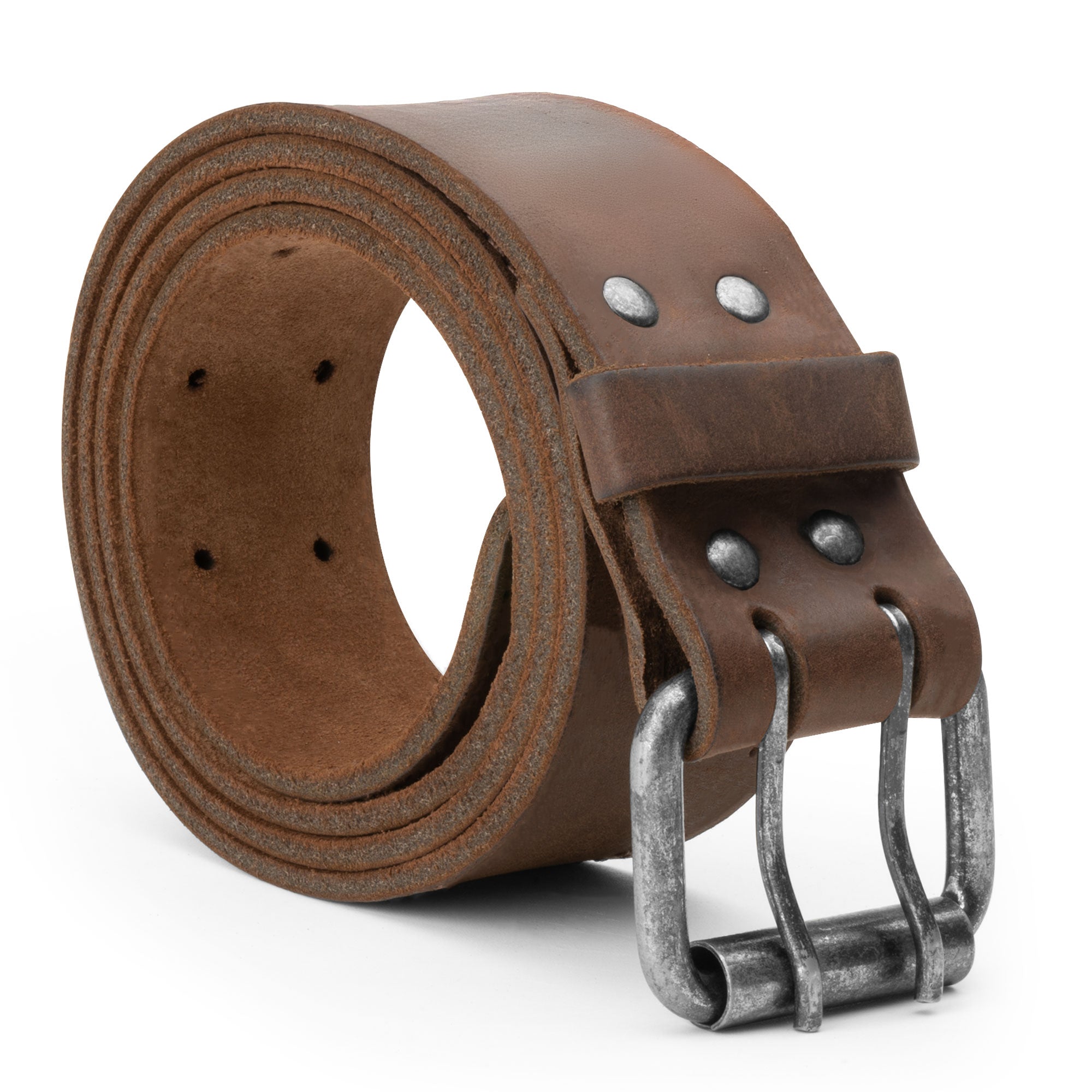 Reinforced Double Prong Buckle Belt by Hide & Drink, showcasing a rustic double prong buckle design. This stylish belt is 1.5 in. wide and made from full grain leather, demonstrating stockyardX craftsmanship with small batch production. Each piece is hand cut, hand sewn, fire branded, and artisan-made in La Antigua Guatemala & Oaxaca Mexico.